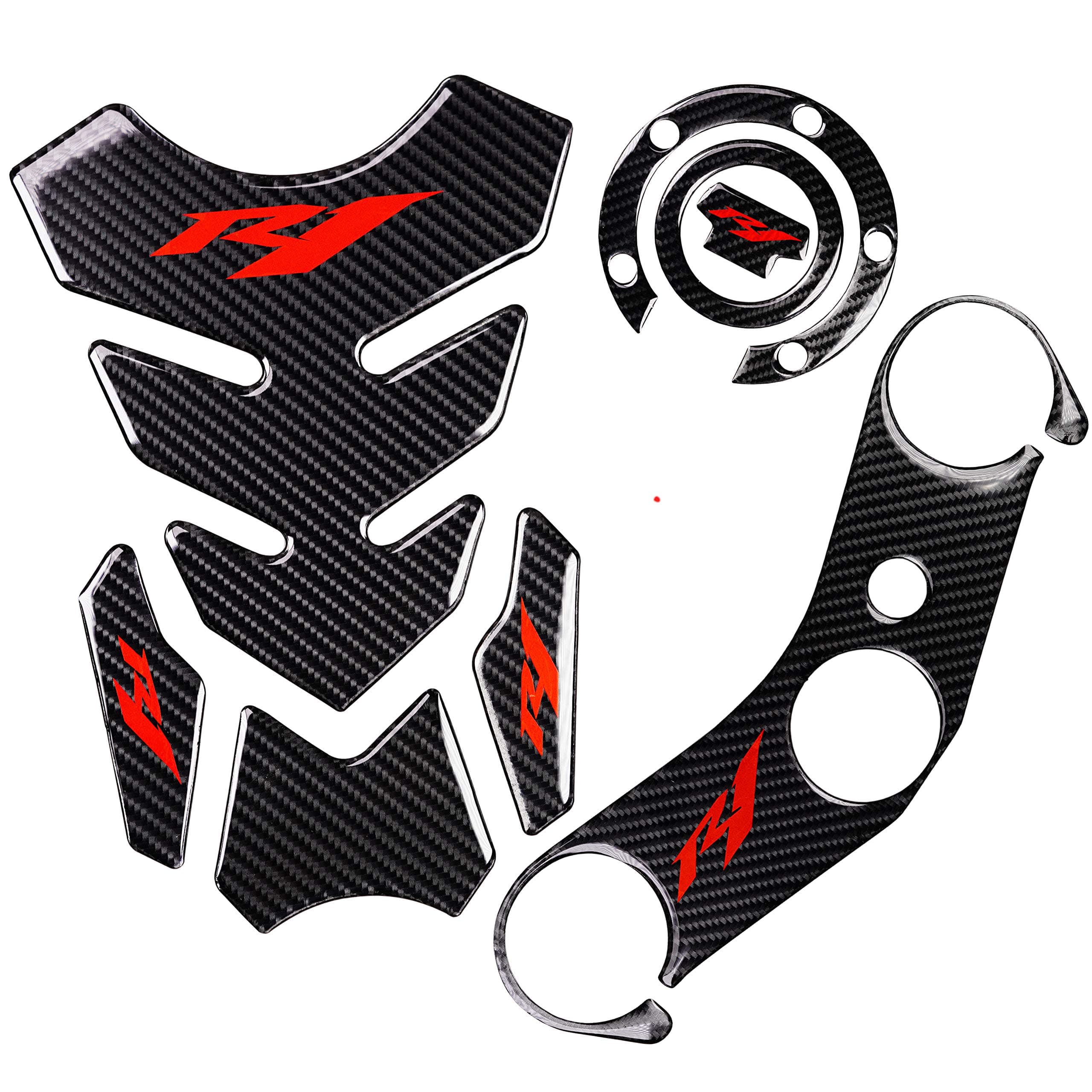5D Real Carbon, Motorcycle Gas Tank Protector, Tank Pad Sticker, Tank Cap, Fuel Cap Decal, Top Clamp Triple Tree Pad with Keychain for R1, 4 Pcs Per Set