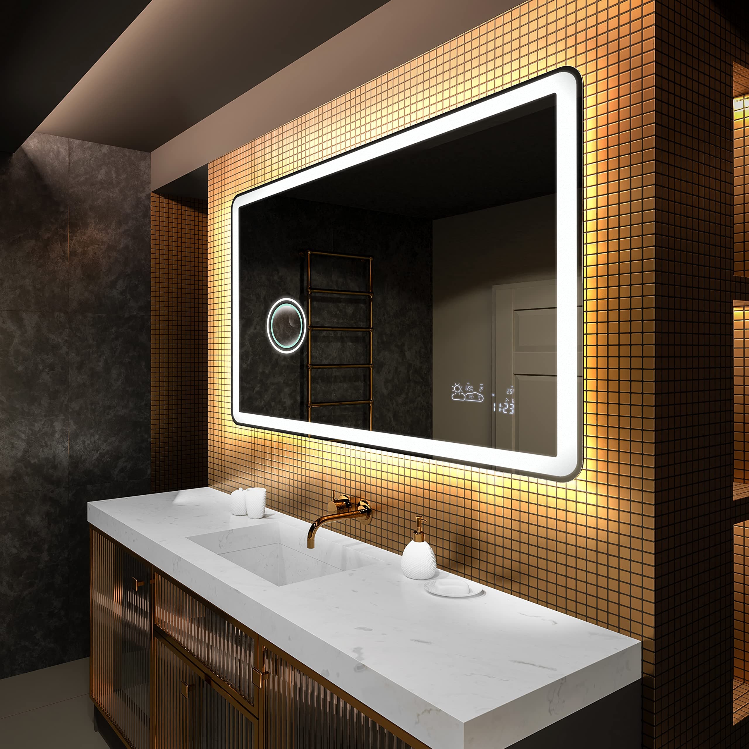 Foram L59 Modern Mirror with LED Lighting and A Choice of Switch and Accessories, glass, Blanc Chaud 3000k / Blanc Froid 7000k, Largeur 190 cm x Hauteur 50 cm