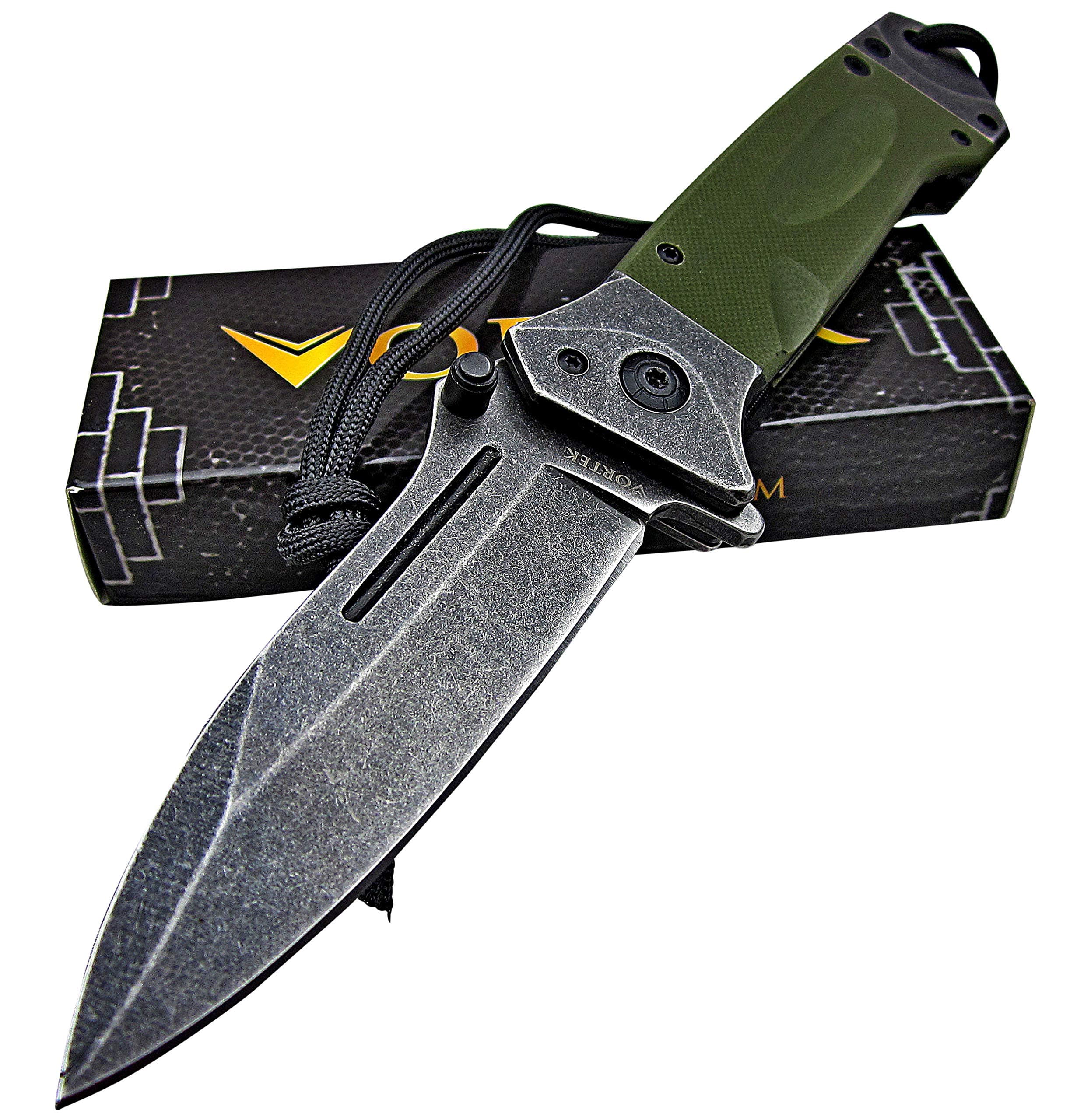 VORTEK Ball Bearing Pivot System Heavy Duty EDC Folding Pocket Knife: 8Cr13MoV Razor Sharp Blade - LMF Style Pommel with Lanyard - Smooth Fast One Hand Opening