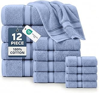 Premium Bath Towel Set of 12 – 100% Cotton Towels for Bathroom, 4 Bath, 4 Hand Towels & 4 Washcloths, Zero Twist, Ultra Soft, Quick-Dry, Ideal for Spa, Hotel & Everyday Use – Cerulean Blue