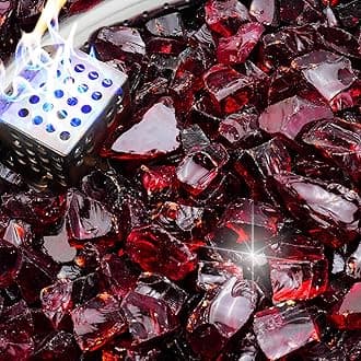 NUPICK 5 Pound Fire Glass, 1/2 Inch Shiny Fire Pit Glass, Tempered Firepit Glass Rock for Propane or Natural Gas, Glass Rocks for Fire Pit Table, Fireplace Glass for Landscaping, Red