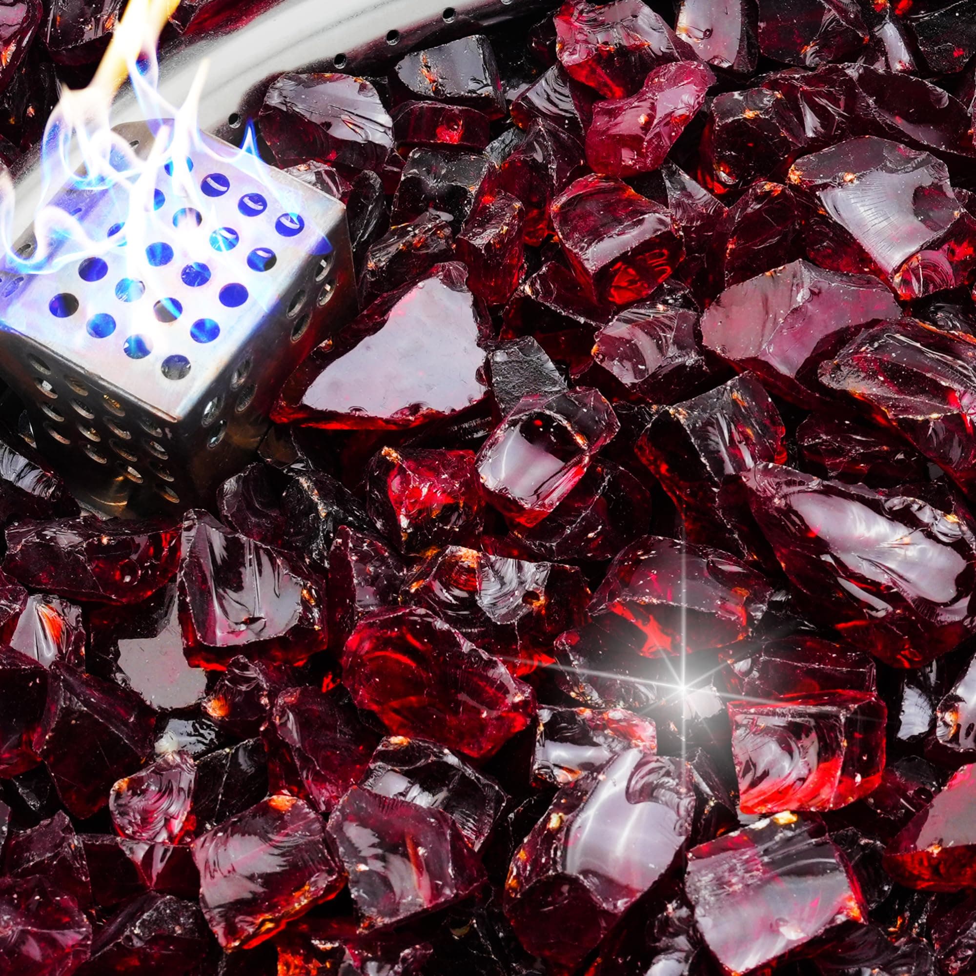 NUPICK 10 Pound Fire Glass, 1/2 Inch Shiny Fire Pit Glass, Tempered Firepit Glass Rock for Propane or Natural Gas, Glass Rocks for Fire Pit Table, Fireplace Glass for Landscaping, Red