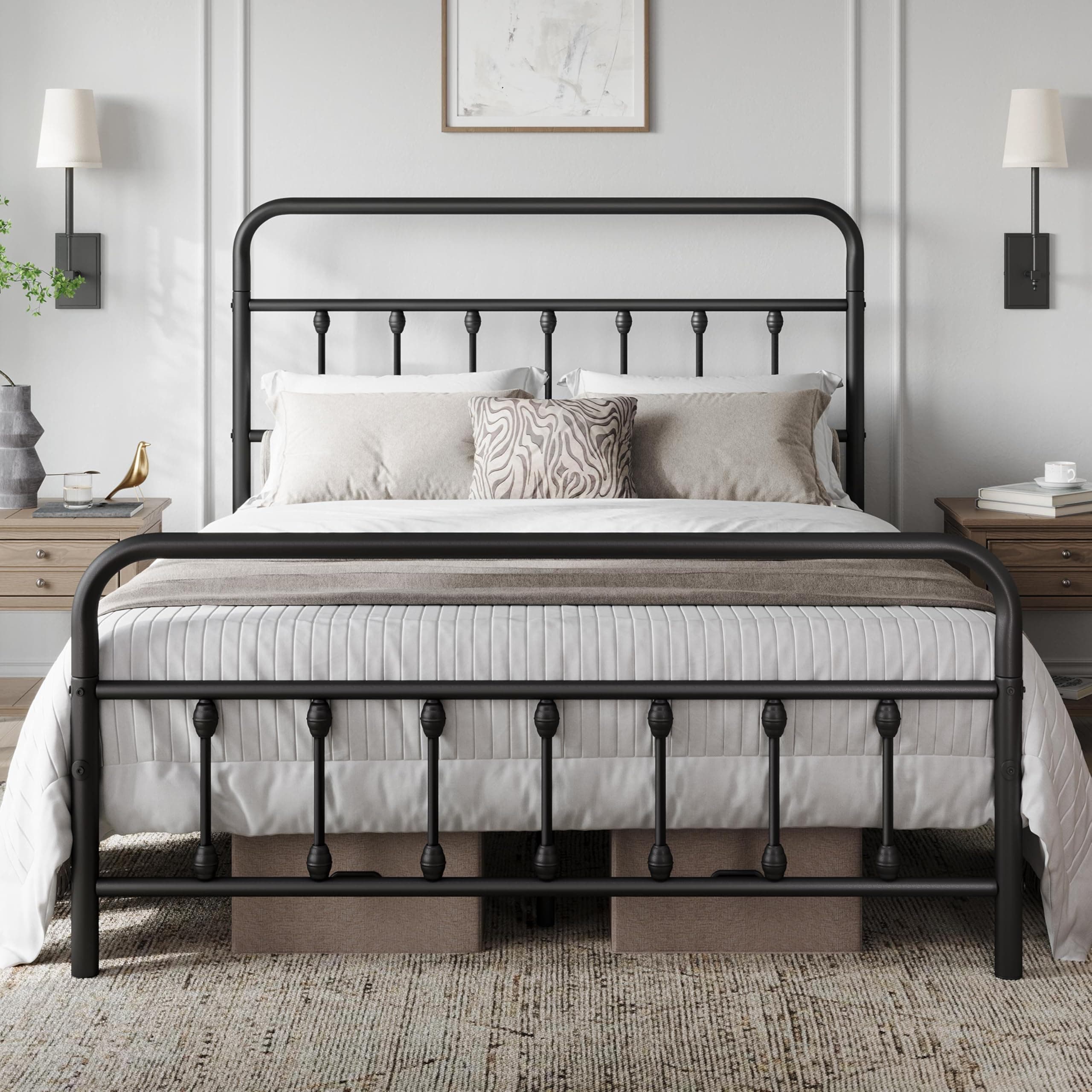 Classic Metal Platform Bed Frame Mattress Foundation with Victorian Style Iron-Art Headboard/Footboard/Under Bed Storage/No Box Spring Needed/Full Size Black