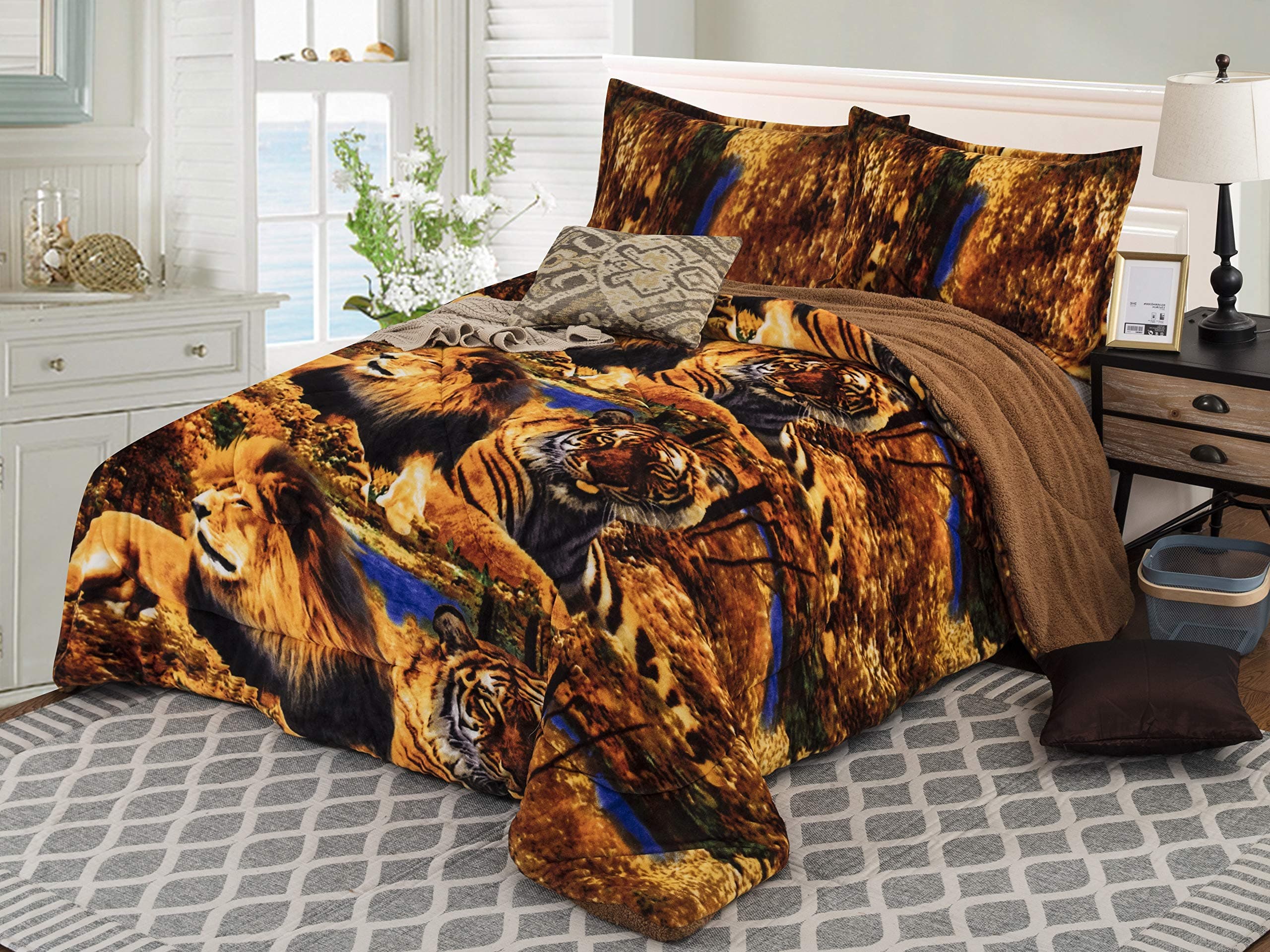 All American Collection 3 PC Super Soft Plush Animal Printed Design Borrego/Sherpa Throw Blanket (King, Lion)