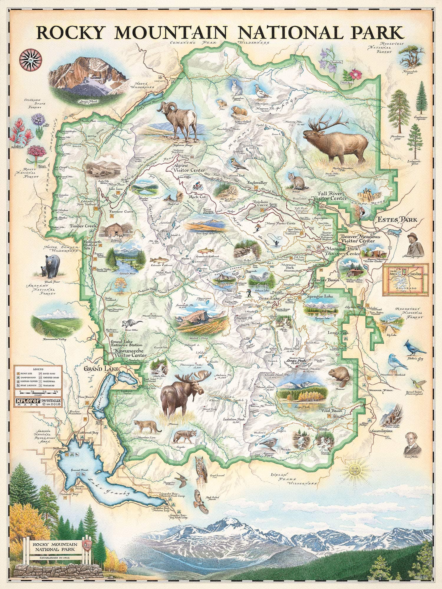 Rocky Mountain National Park Map Wall Art Poster - Authentic Hand Drawn Maps in Old World, Antique Style - Art Deco - Lithographic Print