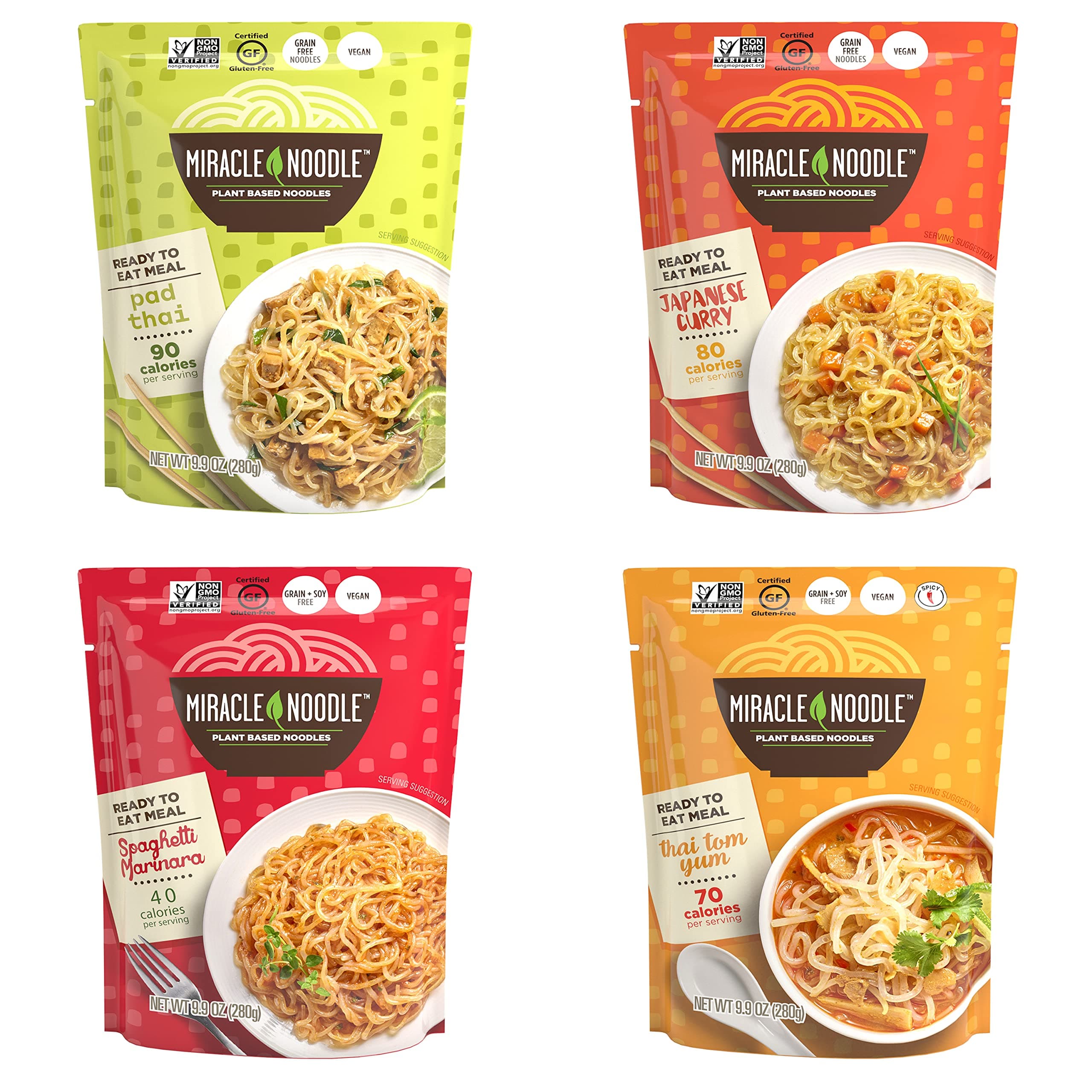 Miracle Noodle Ready To Eat Meals Variety Pack, 10 Oz (Pack of 4), Pad Thai, Japanese Curry, Spaghetti Marinara, Thai Thom Yum, Plant Based Shirataki Konjac Noodles, Low Carb, Gluten-Free