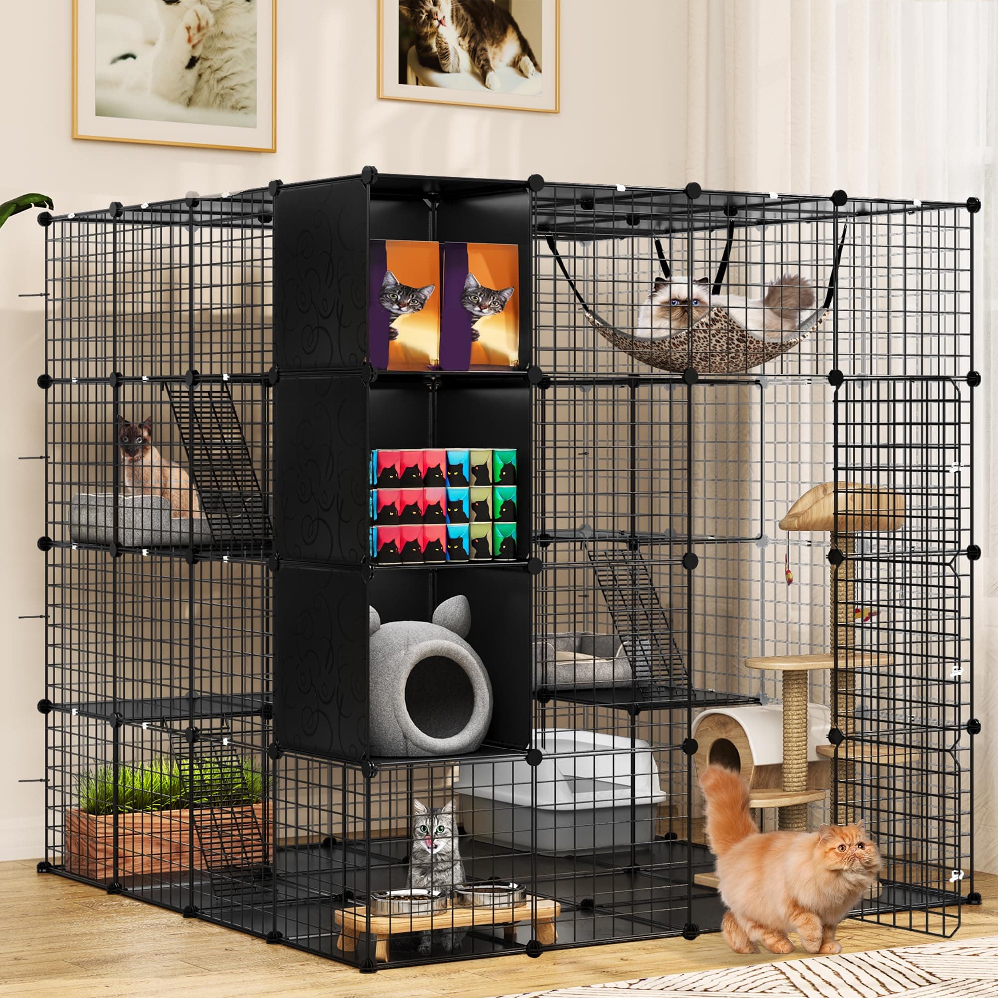 Large Cat Cage with Storage Cube DIY Indoor Catio Cats Enclosures Metal Cat Playpen with Large Hammock for 1-4 Kittens 4 Tiers Cat Kennel