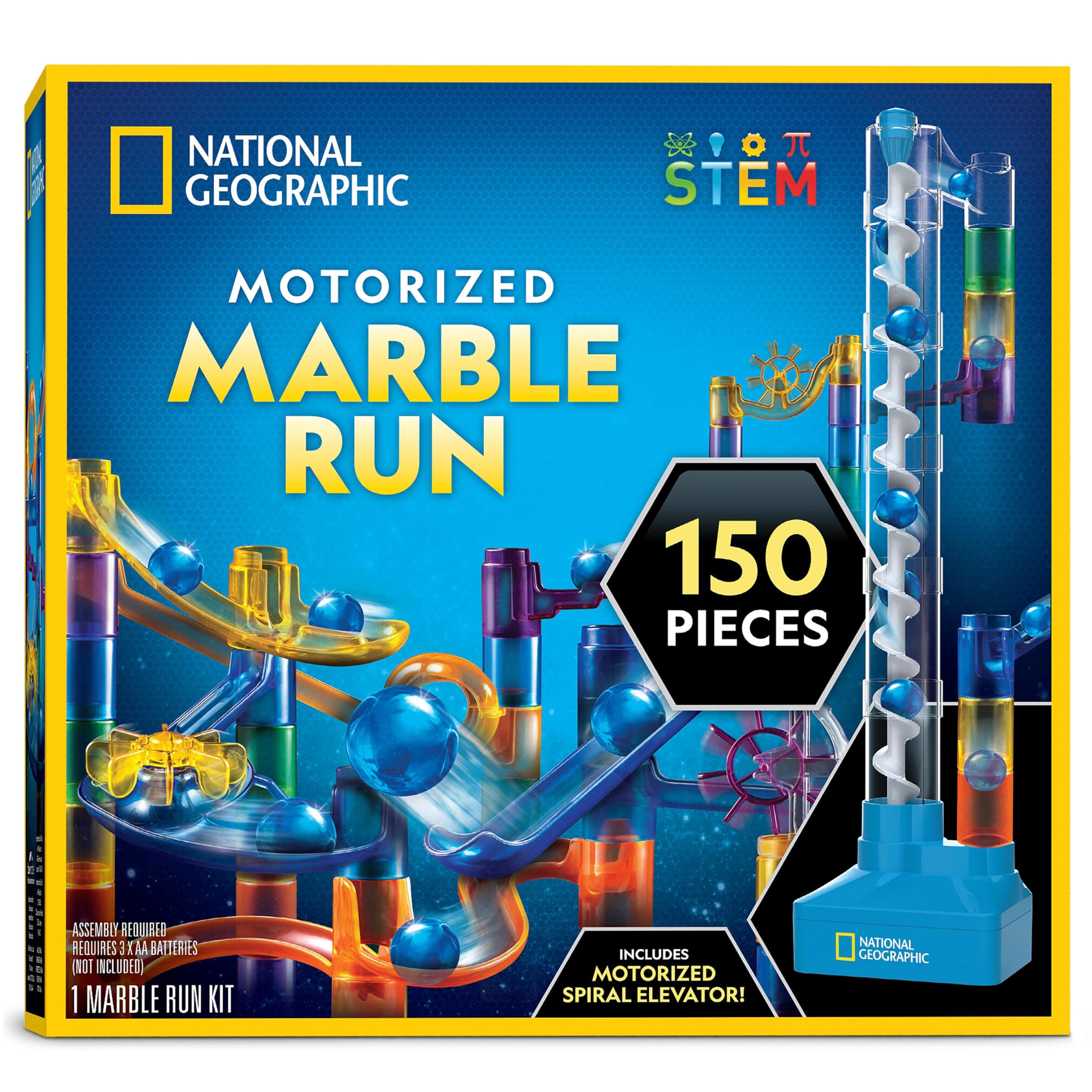 Blue Marble National Geographic 150-Piece Motorized Marble Run Set with Elevator - Plastic Marble Maze Toy for Kids 8 Years and Up