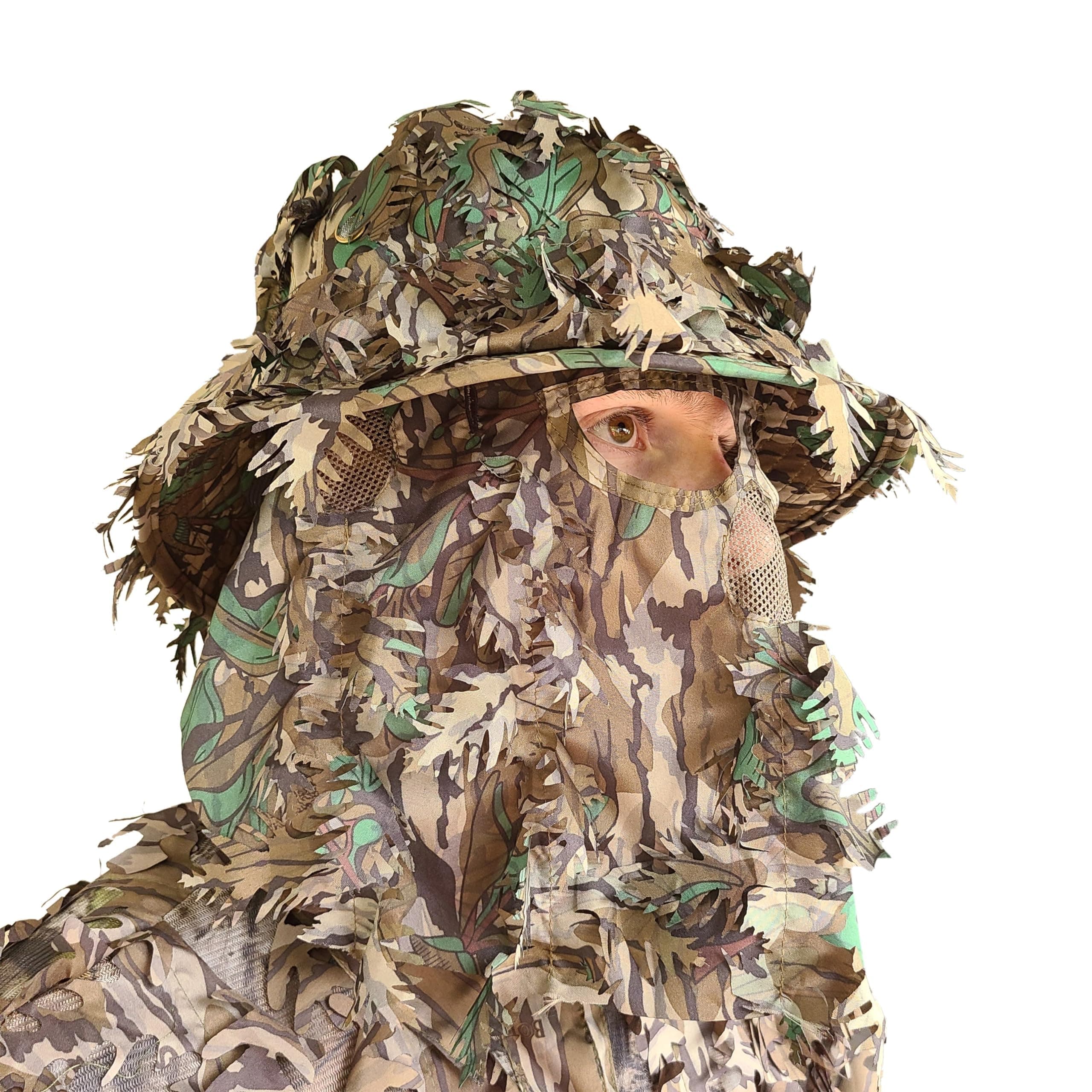 Men’s 3D Leafy Camo Bucket Hat with Built-in Face Mask for Turkey Hunting - Adjustable Size