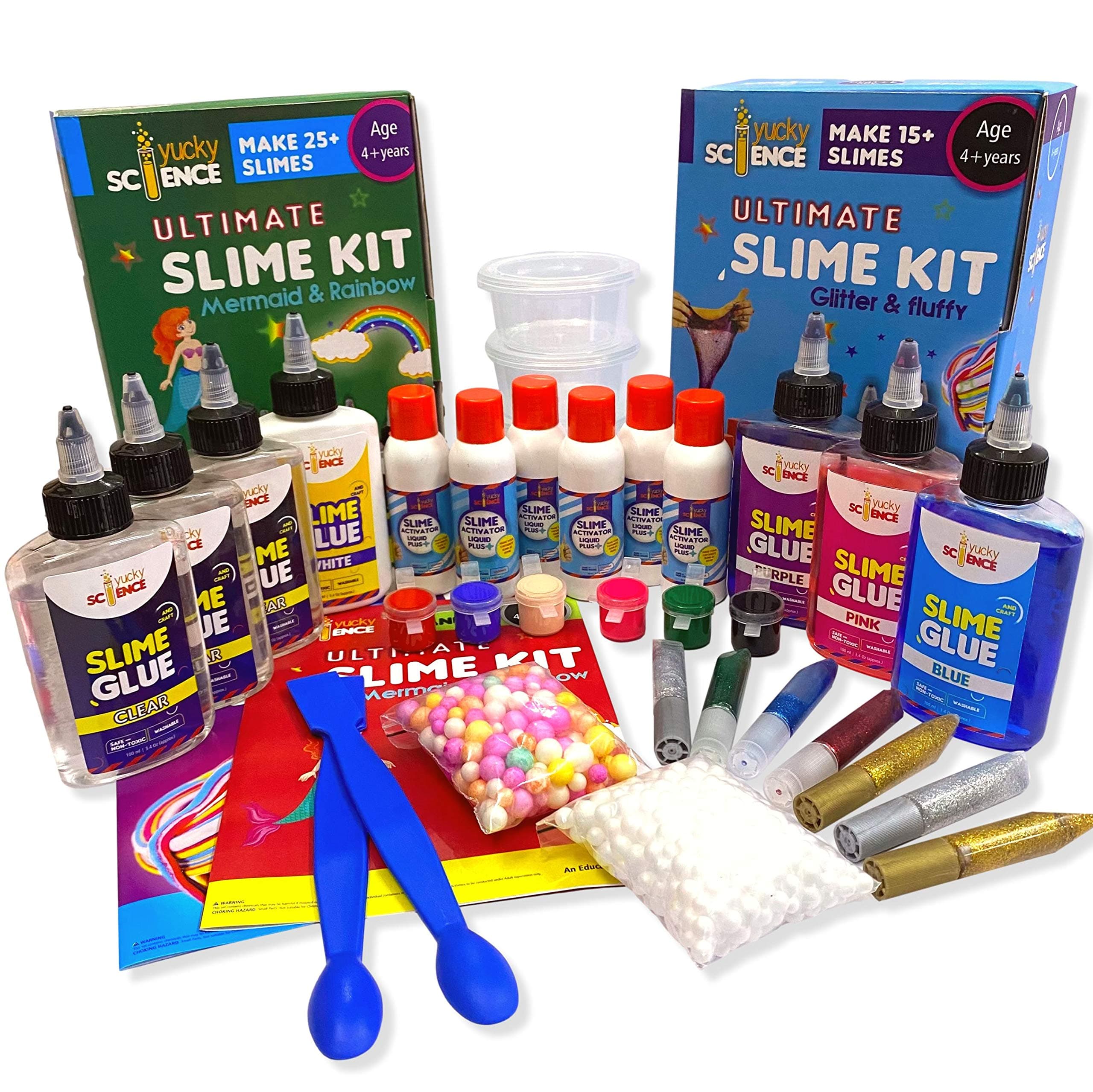 Yucky Science Foam Ultimate Slime Making Kit For Kids Combo Pack Of 2 - Mermaid & Rainbow, Glitter Unicorn & Fluffy. Make 50+ Slimes. Contains 36 Pieces. Age 4 Years And Above (Multicolour)