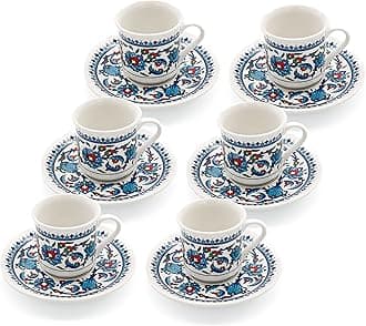 Turkish Coffee Cup Set - Turkish Coffee Cups Set of 6 with Saucers and Cup Holder for Home Office, Ceramic Keeps Coffee Warm, Dishwasher-safe, Create happy times with the patterned coffee mug set.
