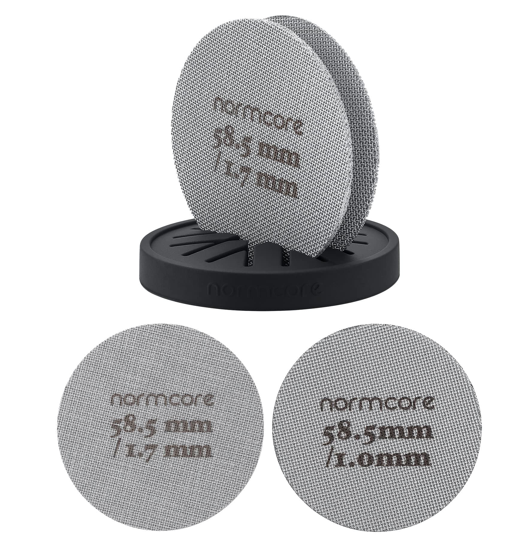 2 Packs 58.5mm Puck Screen with Stand - Reusable Contact Shower Screen with Silicone Holder - 1.7mm / 1.0mm Thickness 150μm Mesh - Compatible with Espresso Machine 58mm Portafilter Basket