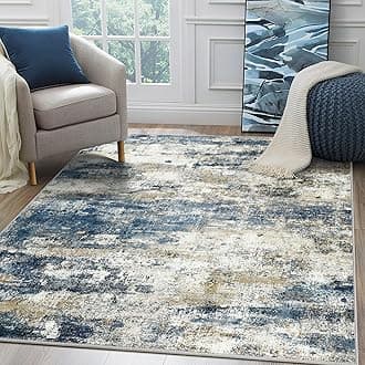 Area Rugs 10x12 for Living Room Bedroom, Modern Abstract Machine Washable Rug, Large Soft Low Pile Floor Carpet with Non Slip Backing for Dining Room, Navy Blue Beige