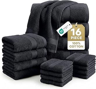 100% Cotton Luxury Towel Set for Bathroom - 16 Pieces, Ring Spun - Super Plush, Very Soft & Absorbent - 4 Bath Towels, 8 Washcloths, 4 Hand Towels - Suitable for All Skin Types - Black