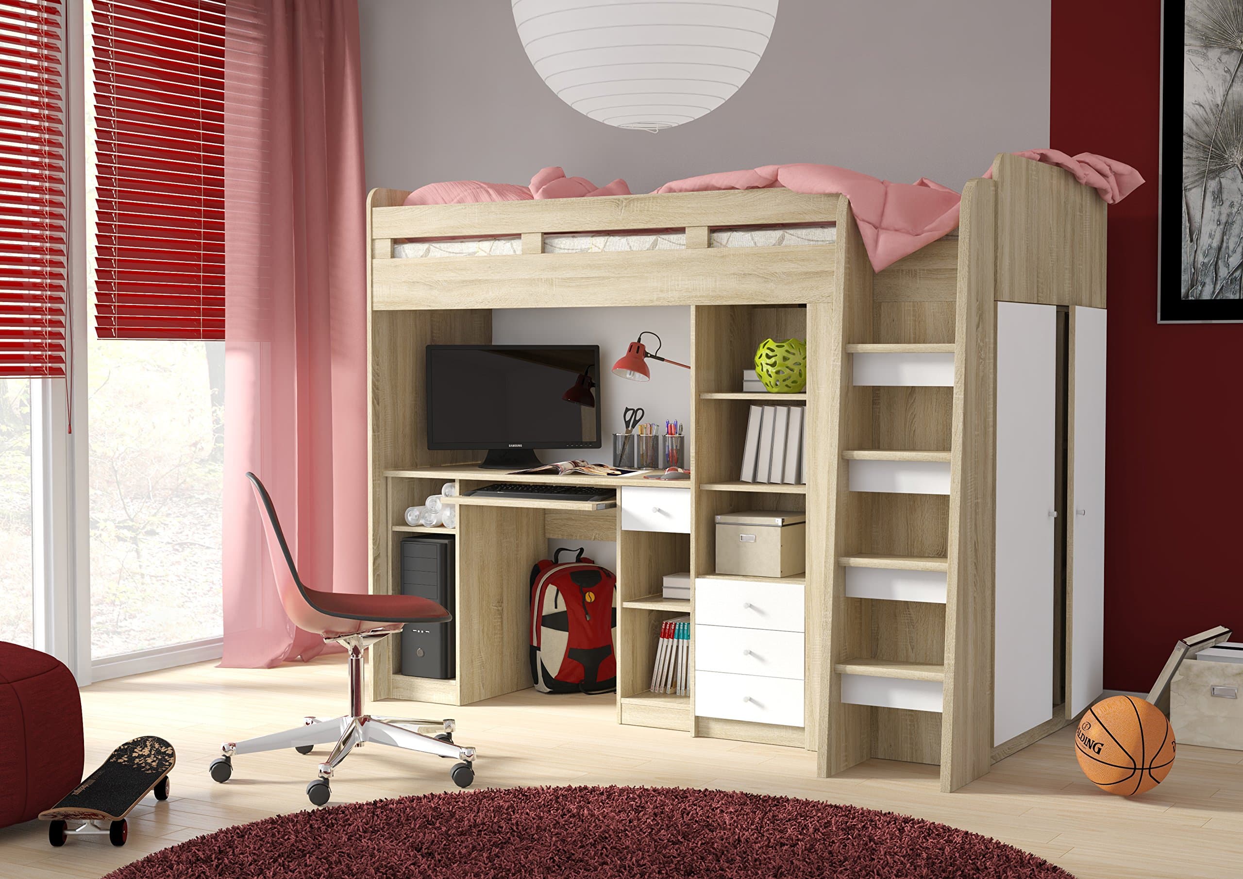 furniturefactor Combi Mid High Sleeper Storage Bunk Bed with Desk Wardrobe and Shelving (P5DS1T03)