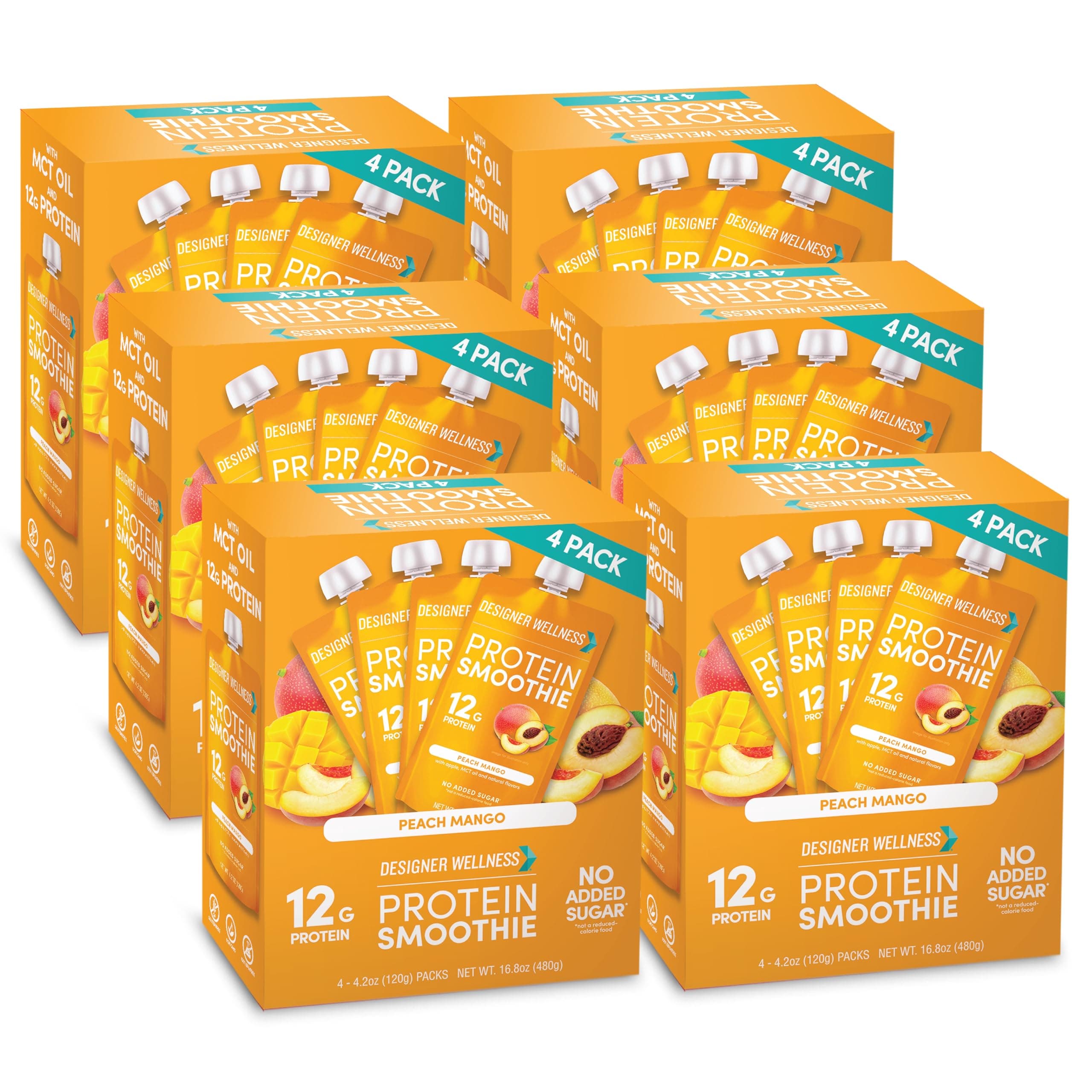Designer Wellness Protein Smoothie, Real Fruit, 12g Protein, Low Carb, Zero Added Sugar, Gluten-Free, Non-GMO, No Artificial Colors or Flavors, Peach Mango, 24 Count