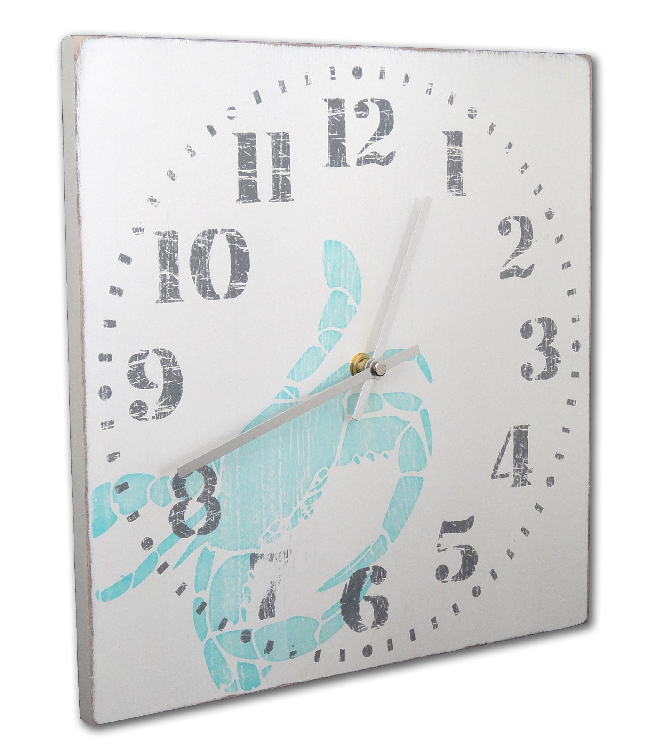 OldBleu Crab Wall Clock, Distressed - Nautical, Coastal/Beach 12 Inch, Solid Wood, Non-Ticking, Silent, Made in USA (White)