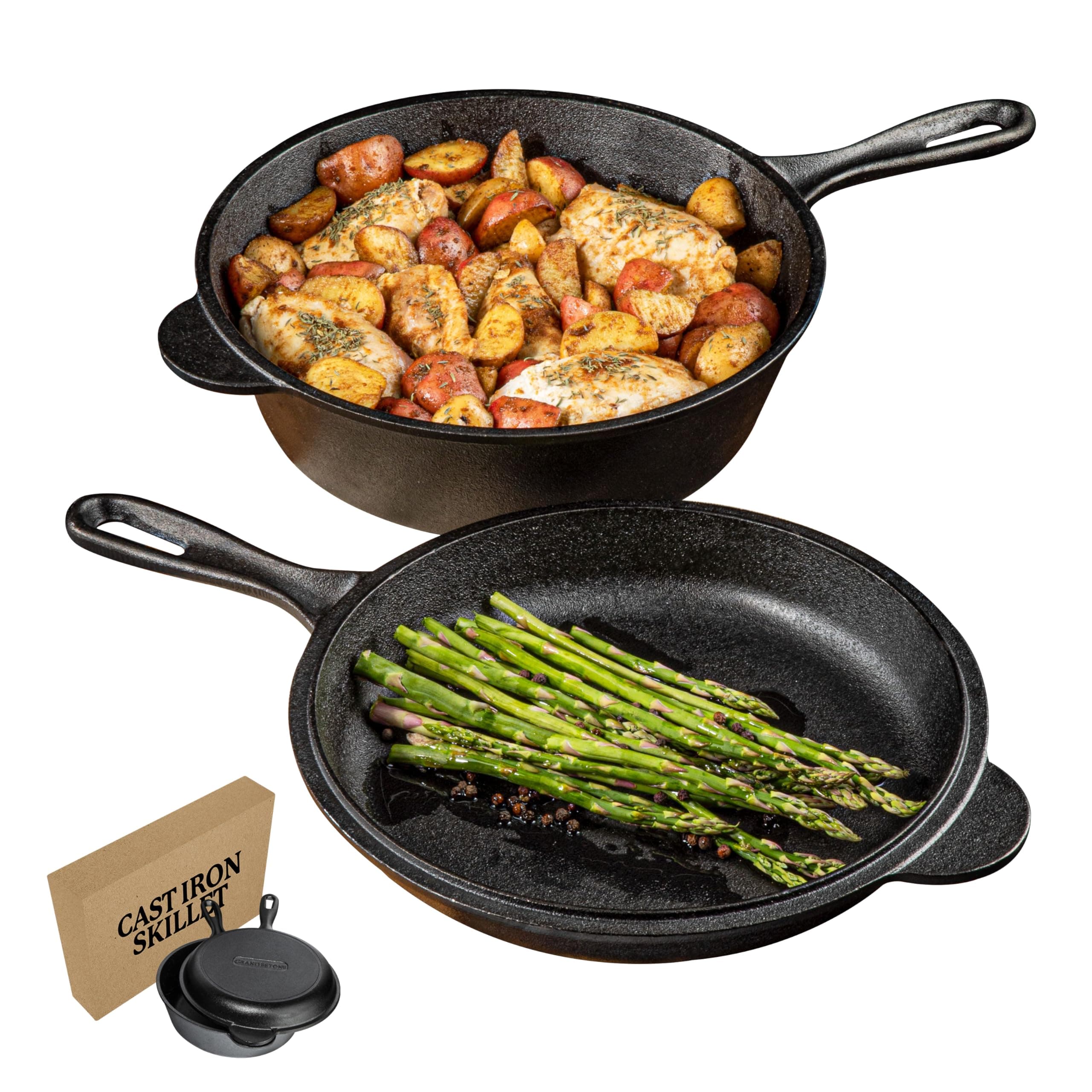 Granitestone 2 Pc Cast Iron Skillets – Non Stick Pre Seasoned Large 10 Inch Cast Iron Skillet + 3 Inch Cast Iron Cooker, Cast Iron Pans, Cast Iron Frying Pan, Induction/Oven Safe, Non Toxic