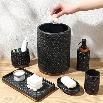 Elegant Bathroom Accessories Set 6 PCS Ceramic and Wood Bathroom Accessory Set Soap Dispenser Toothbrush Holder Tumbler Soap Dish Tray Trash Can Easy to Clean Quatrefoil Pattern Black