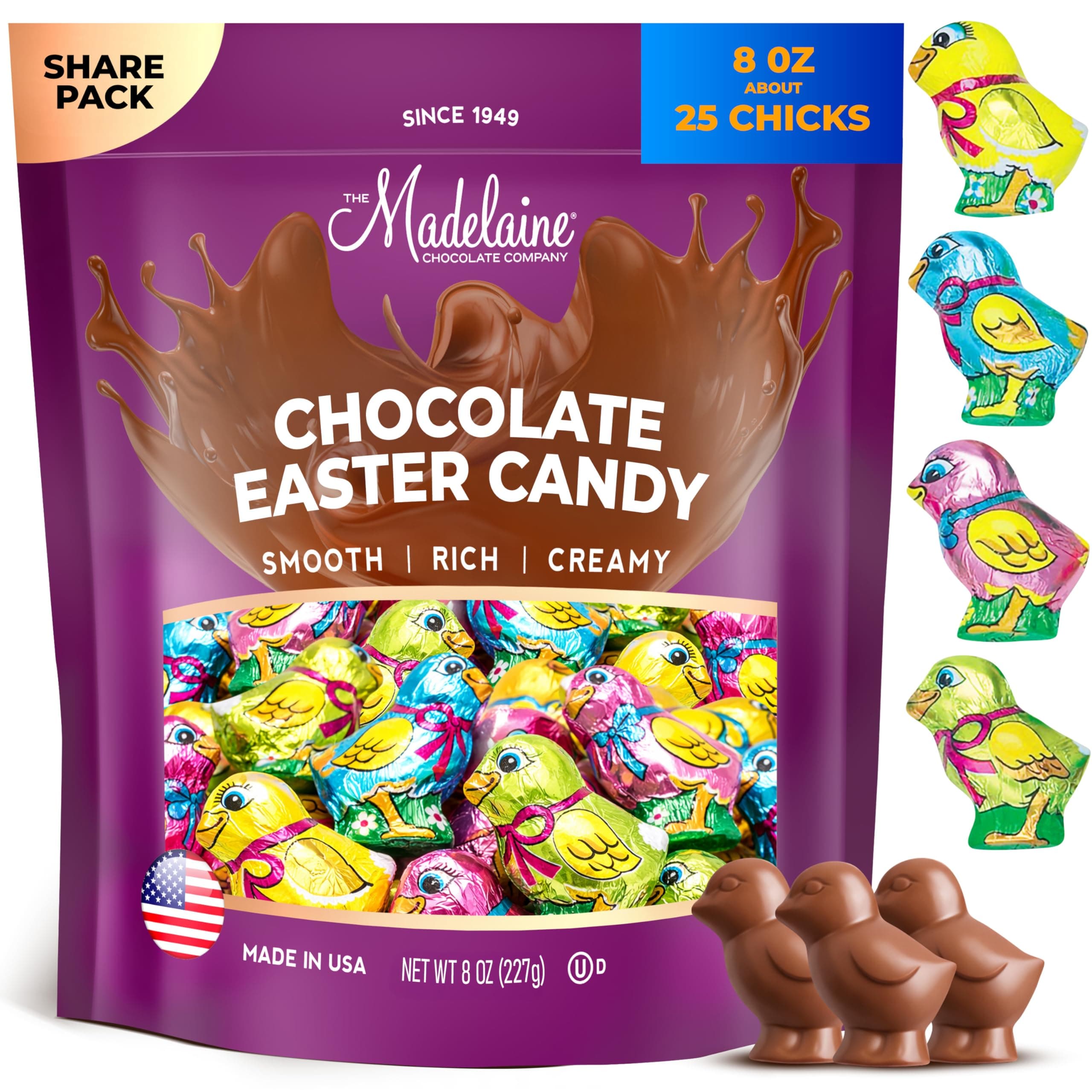 Madelaine Solid Premium Milk Chocolate Easter Baby Chicks Wrapped In Colorful Italian Foils (1/2 LB)