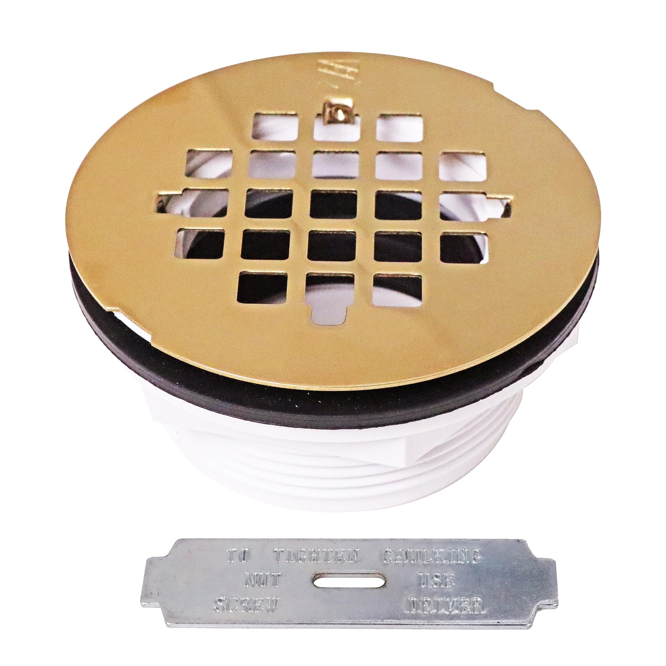 D206P-01 2" No-Caulk PVC Compression Shower Drain with 4-1/4" Round Grid Cover, Polished Brass