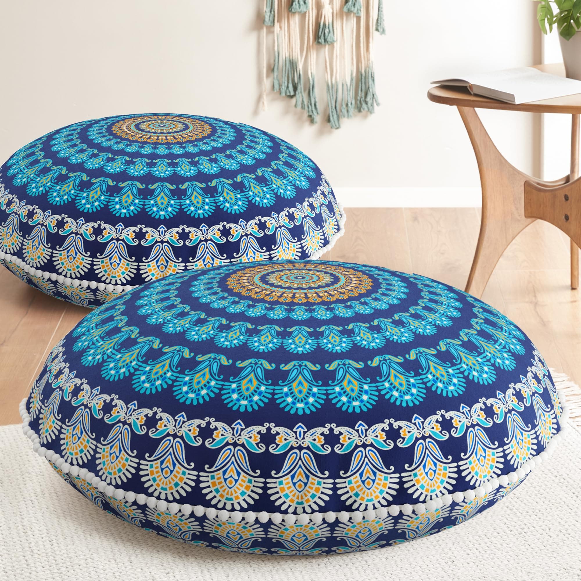 Meditation Floor Pillow Set of 2, Round Large Pillows Seating for Adults, Bohemian Mandala Circle Cushion for Outdoor Fireplace Yoga Living Room, 32 Inch, Memory Foam Added, Navy