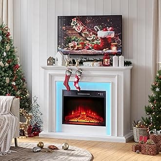 44 Inches LED Lights Electric Fireplace with Mantel, White Tall Fire Place Heater Freestanding, Delicate Three-Dimensional molding with Remote Control Timer LED Flame for Living Room, Bedroom