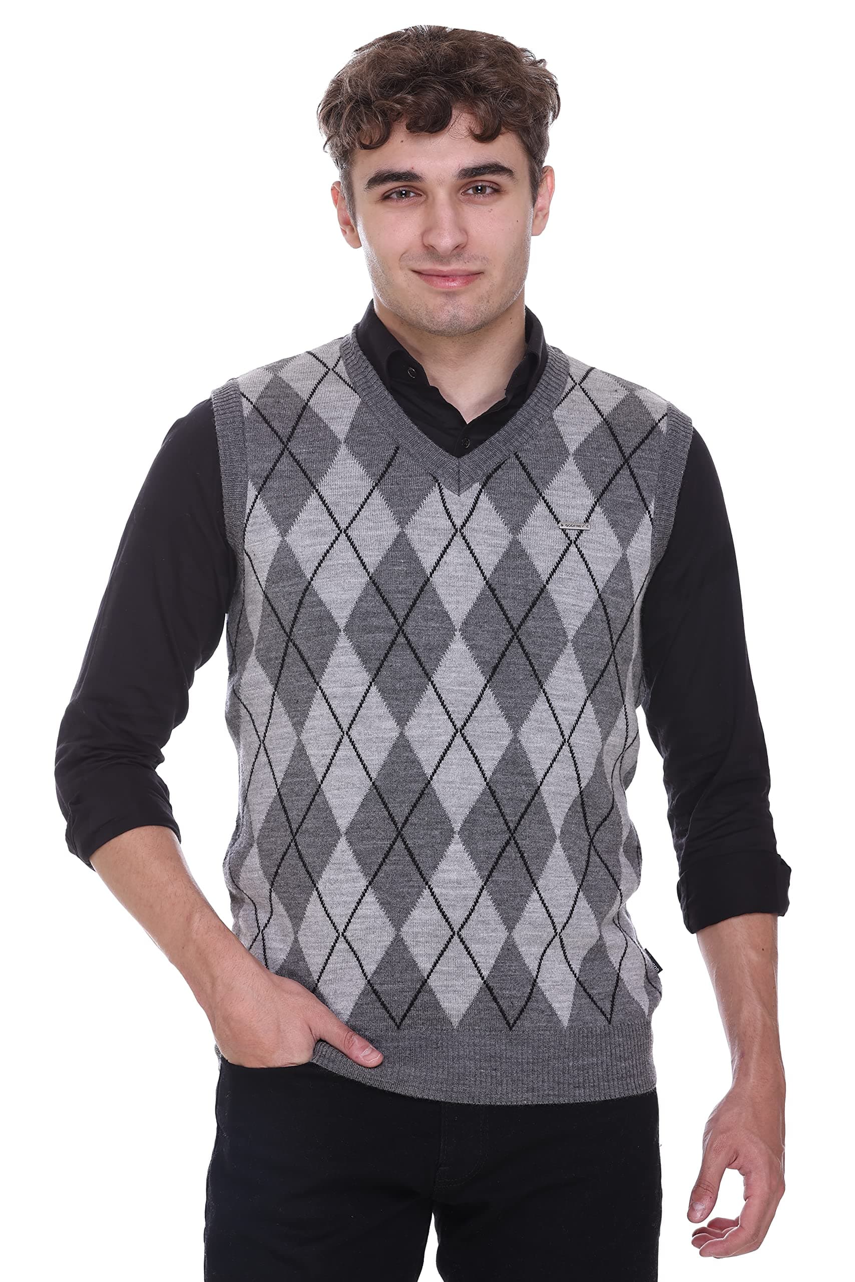 Woolen V Neck Sleeveless Half Sweater for Man Winter Pullover