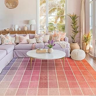 Mid-Century Modern Ombre Pink Checkered Rug 5x8, Retro Eclectic Colorful Funky Contemporary, Washable Area Rugs Non Slip Low Pile for Nursery Playroom Kids Living Room Dining Bedroom Girls Boys
