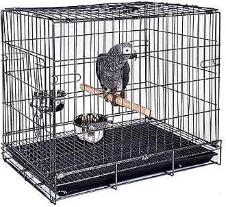 Durable Easy Portable Collapsible Metal Travel or Veterinary Collapsable Parrot Bird Carrier Beaks-Proof Easy Clean Carrier Cage with Stainless Steel Feeder Bowls Natural Wooden Perch