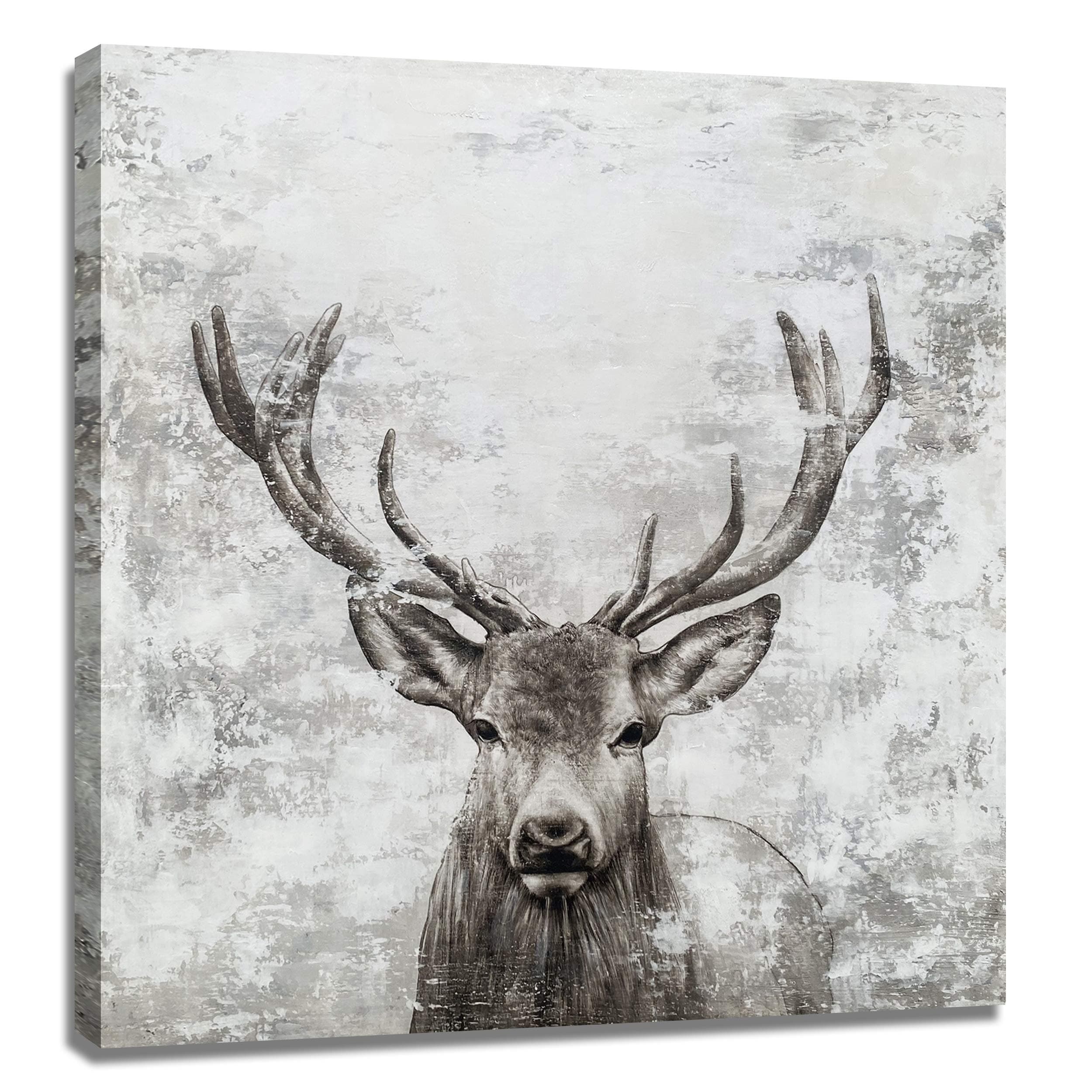 BATRENDY ARTS Red Deer Canvas Wall Art Rustic Elk with Big Antlers Hand Painted Animal Head Picture Grey and White Hunting Artwork Painting for Living Room Home Office Decorations