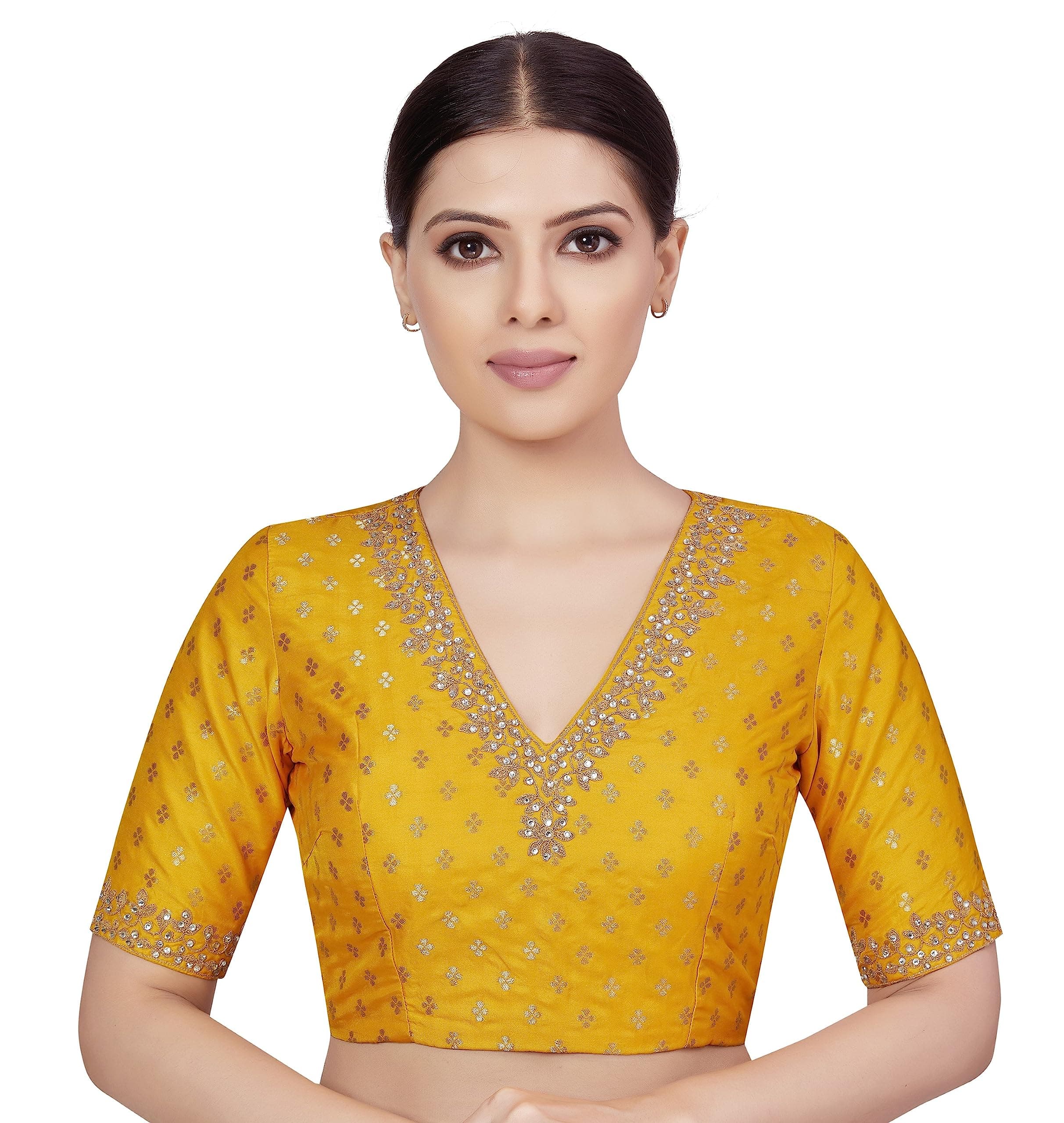 Studio Shringaar Women's Brocade Embroidered V-Neck Readymade Elbow Length Sleeves Saree Blouse