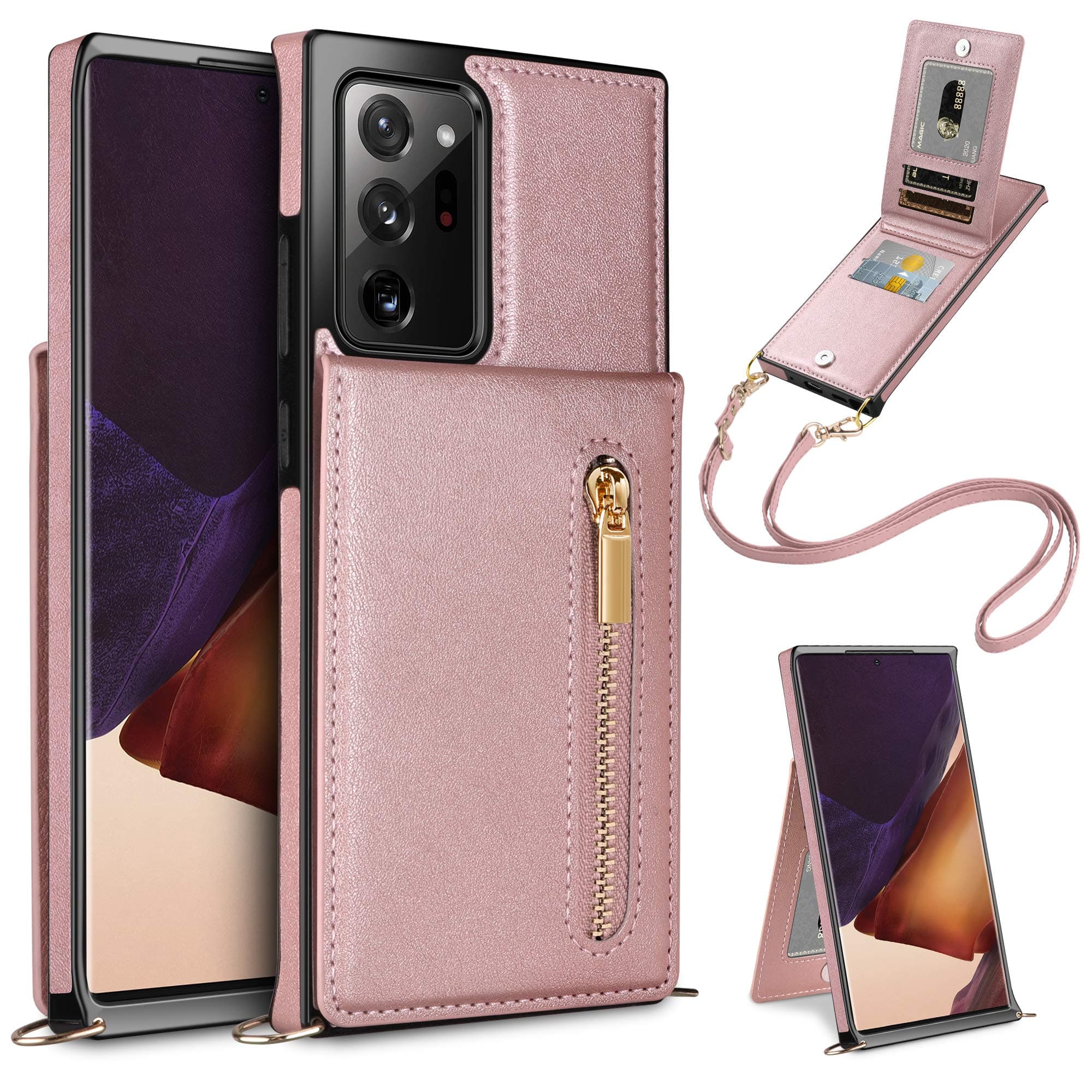 HianDier Compatible with Galaxy Note 20 Ultra Wallet Case 5G 6.9-inch Card Holder Zipper Back Flip with Crossbody Lanyard Kickstand Credit Card Slot Soft PU Leather Square Cover, Rose Gold