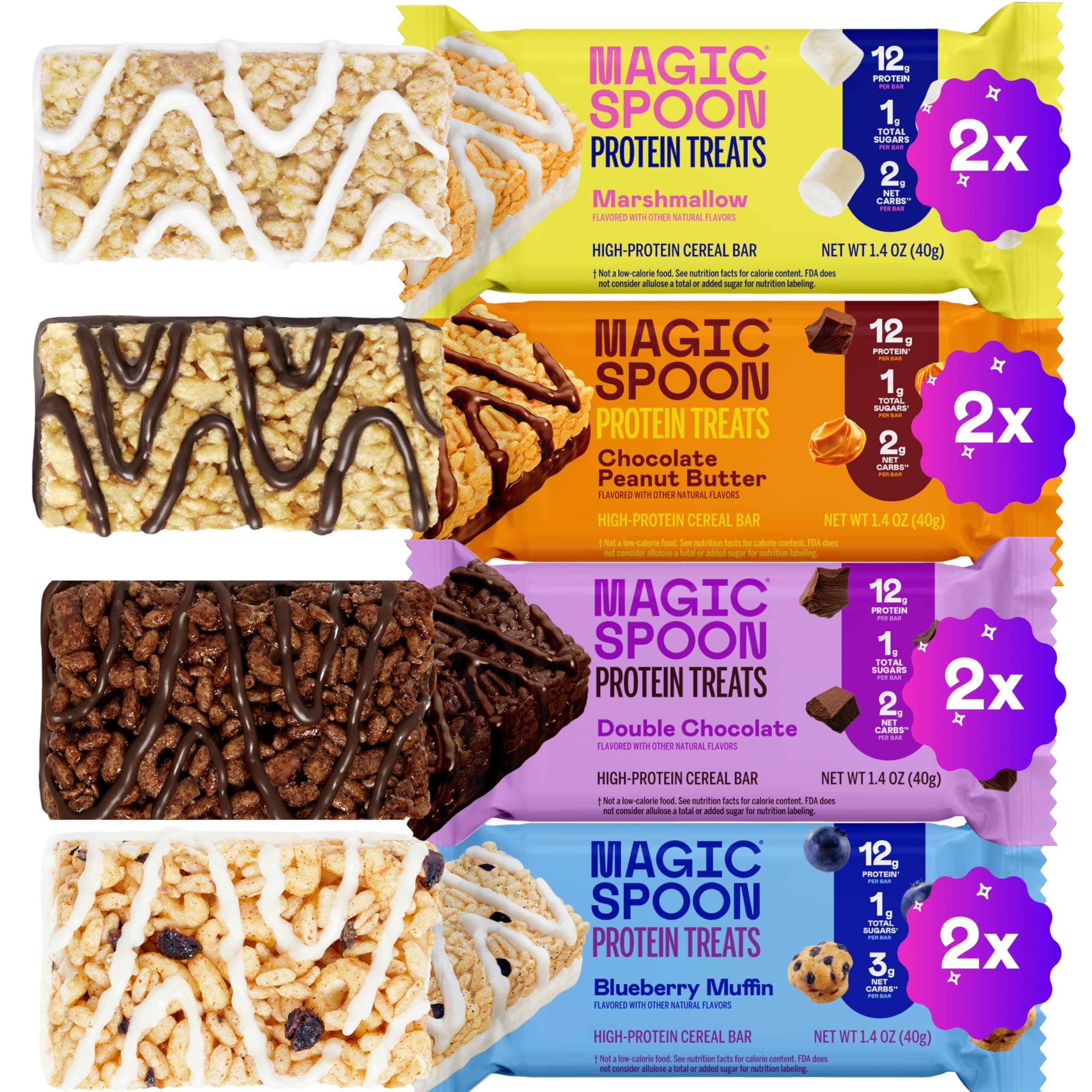 MAGIC SPOON Treats - High Protein Bars, Low Carb, Keto Friendly, Low Sugar, Crispy Cereal Bar, On-The-Go Healthy Snack (8 Bars, 2 each of Marshmallow, Chocolate PB, Blueberry Muffin, Double Chocolate)