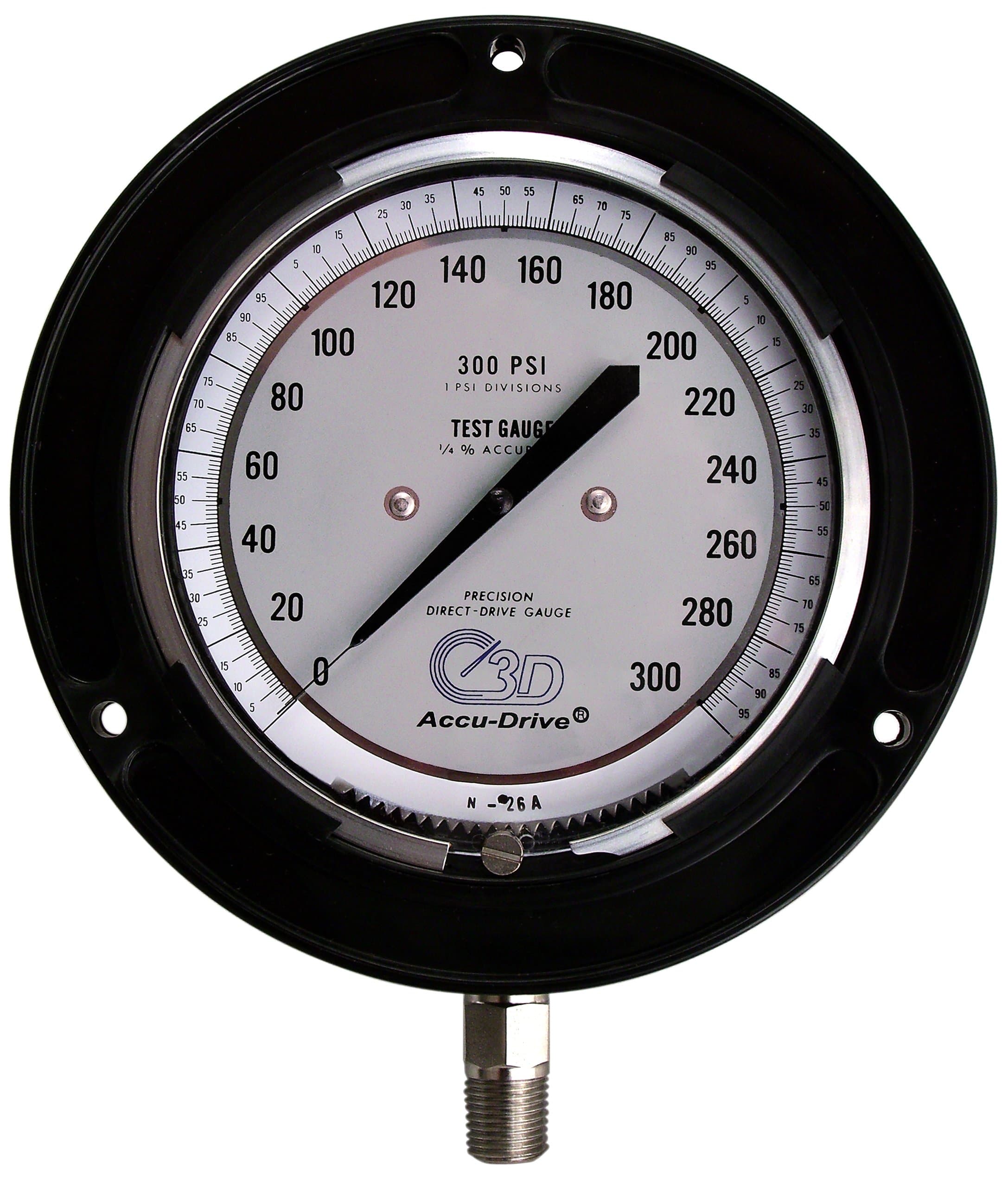 25 Series Accu-Drive ABS Plastic Case Pressure Test Gauge with Stainless Steel 316 Internals and Panel/Wall Mount, 4-1/2" Dial, 0-3000 psi Range, +/- 1% Accuracy, 1/4" Male NPT Bottom Connection, Black