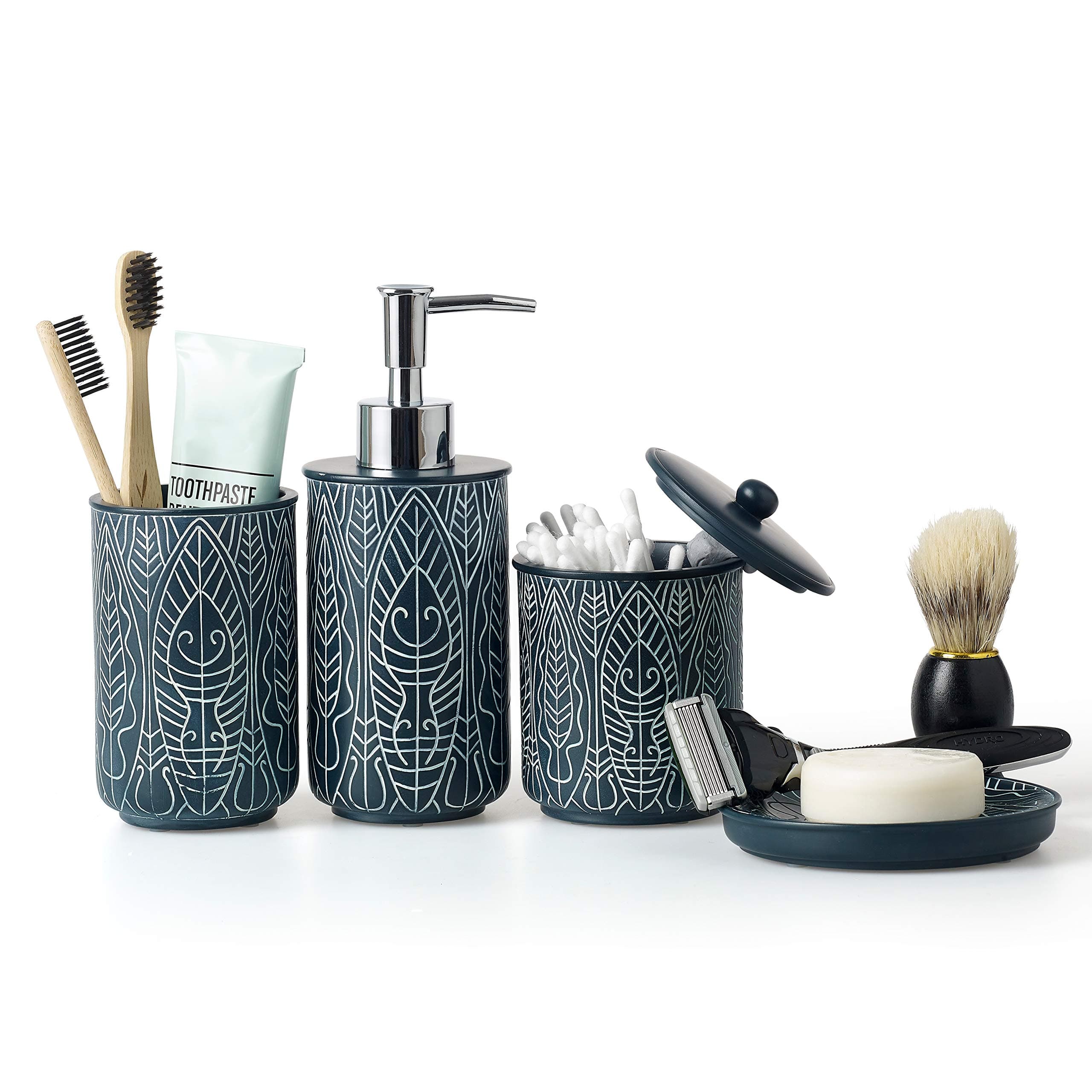 VIRTUNE Premium Navy Blue Bathroom Accessory Set. Home and Apartment Essentials Including Hand Pump Soap Dispenser, Soap Dish, Toothbrush Holder, and Tumbler Cup. Modern Bathroom Decor