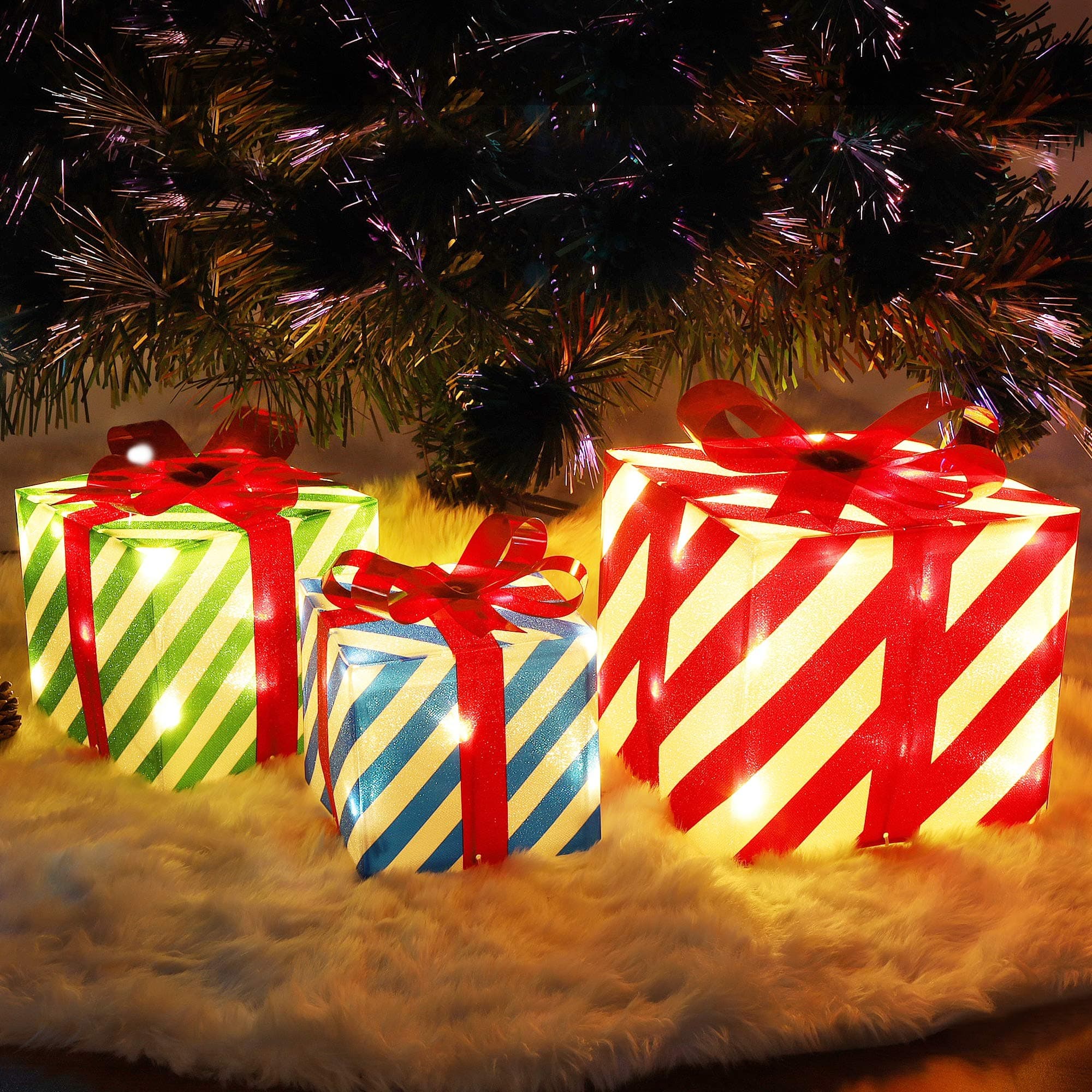 ATDAWN Set of 3 Lighted Gift Boxes Christmas Decorations, Pre-lit Light Up Present Boxes with Red Green and Blue Stripe for Christmas Indoor Home Outdoor Yard Lawn