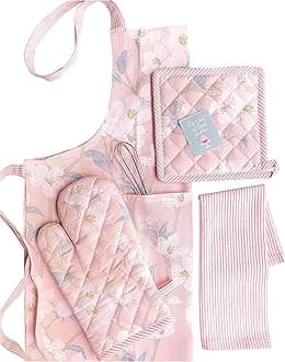 PIXEL HOME DECOR Apron with Oven Mitt and Pot Holder with Kitchen Towel (Pink Blossom), 60cmx85cm