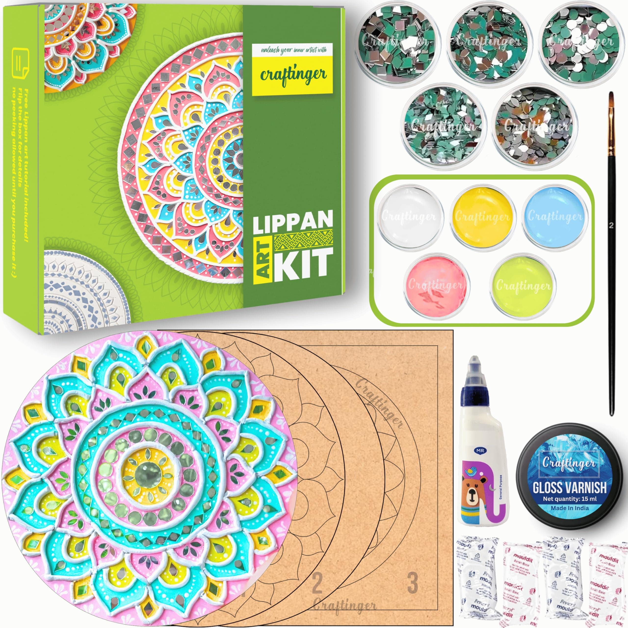 Craftinger Pro Lippan Art Kit 8 Inch For DIY Decor With Pre-Marked MDF Shapes, Acrylic Colors, And Mirrors,Multicolor