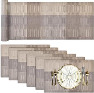 Aofmee Table Runner and Placemats Set of 6 Washable, Heat Resistant Place Mats with Table Runner, Woven Vinyl Table Placemats for Dining Table, Stain Resistant Kitchen Table Mats Sets, Easy to Clean