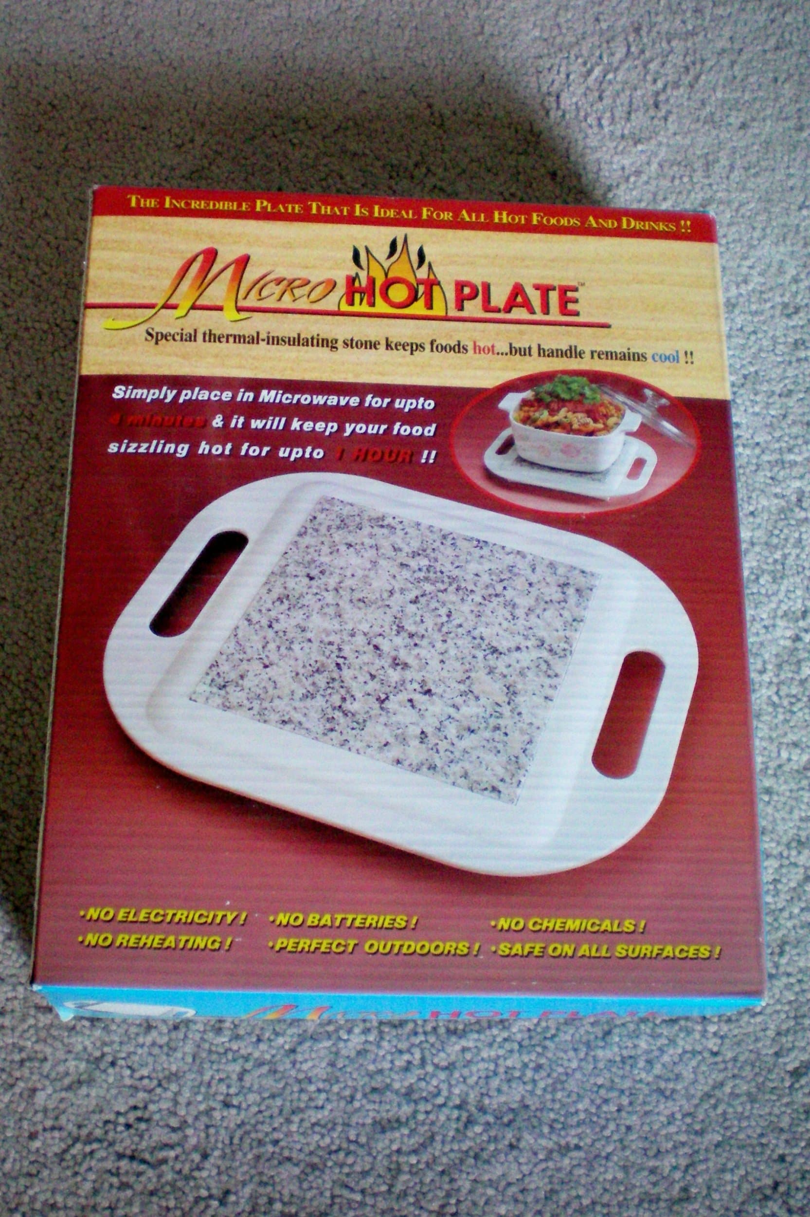 Micro Hot Plate -- The Incredible Plate That Is Ideal For All Hot Foods and Drinks!!! Special thermal-insulating stone keeps foods hot...but handle remains cool!!