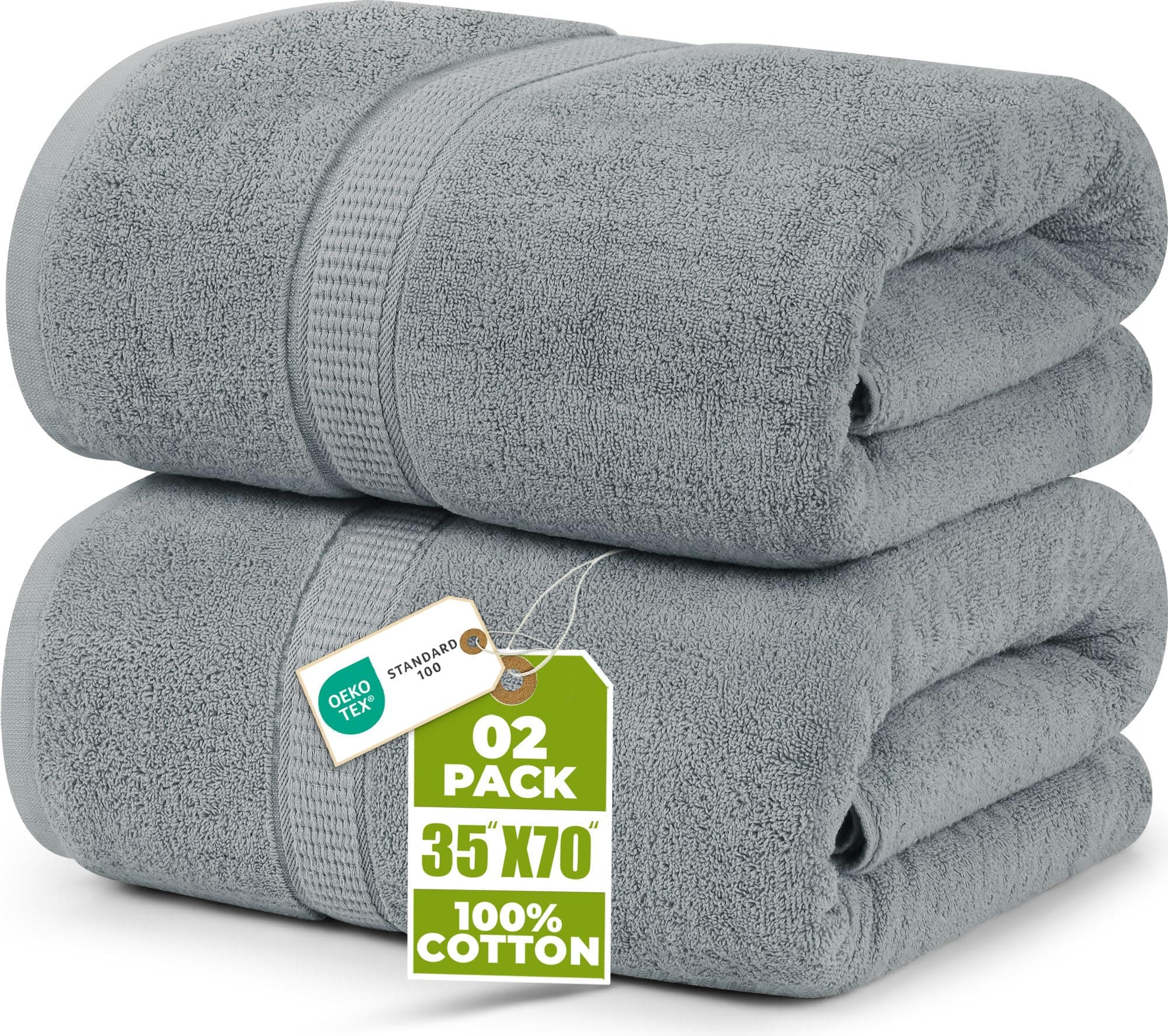 Luxurious Jumbo Bath Sheet 2 Piece, 600 GSM, 35 by 70 Inches, 100% Ring Spun Cotton, Highly Absorbent and Quick Dry Extra Large Bath Towel, Super Soft Towel, Cool Grey