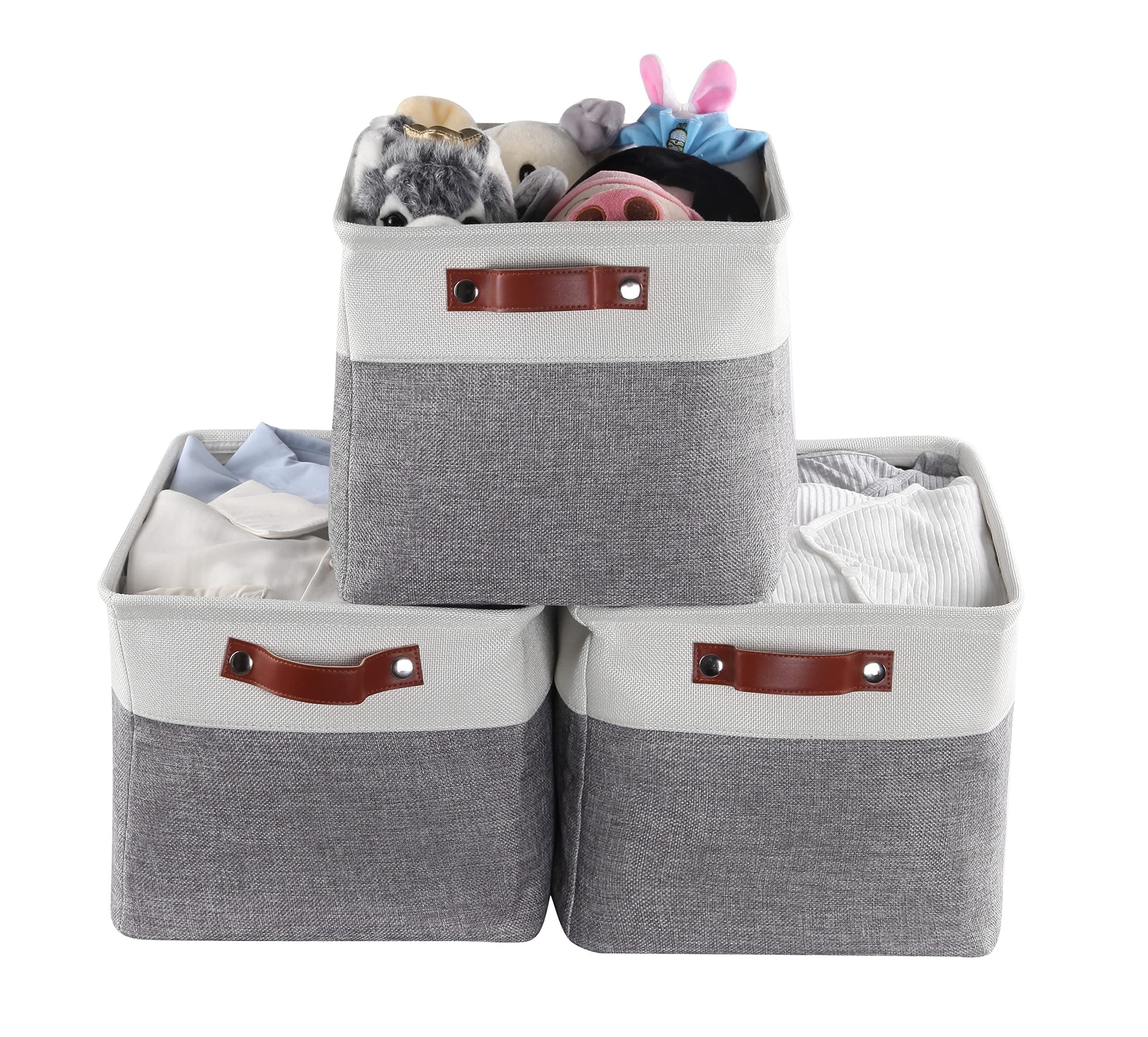 MANZOO Storage Baskets for Shelves, Closet Storage Bins for Organization, Fabric Bins Cube W/Handles for Organizing Shelf Nursery Home Closet,3PC Pack,Grey/white