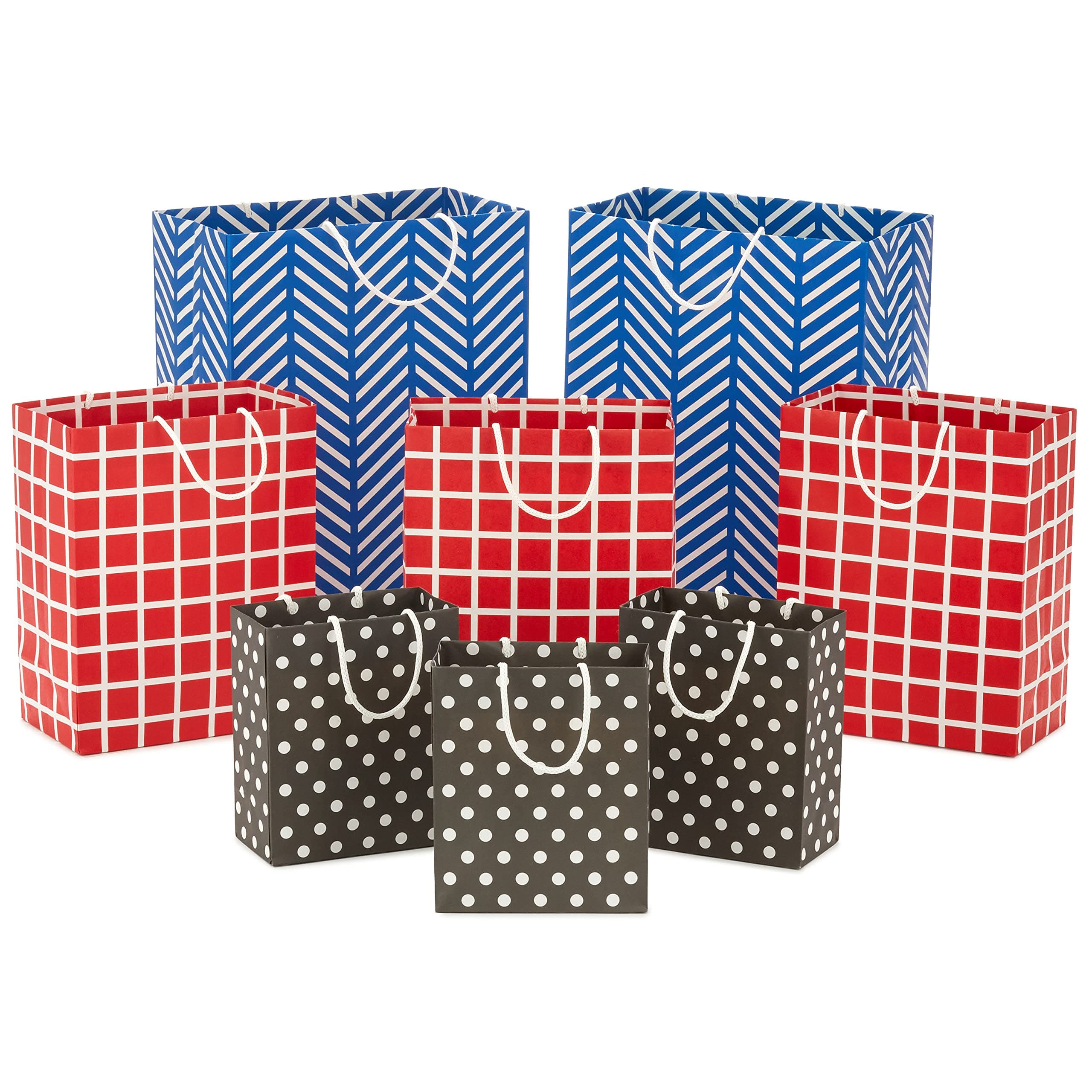 Gift Bag Assortment (8 Bags: 3 Small 6", 3 Medium 9", 2 Large 13") Red, Blue, Black and White for Birthdays, Graduations, Holidays