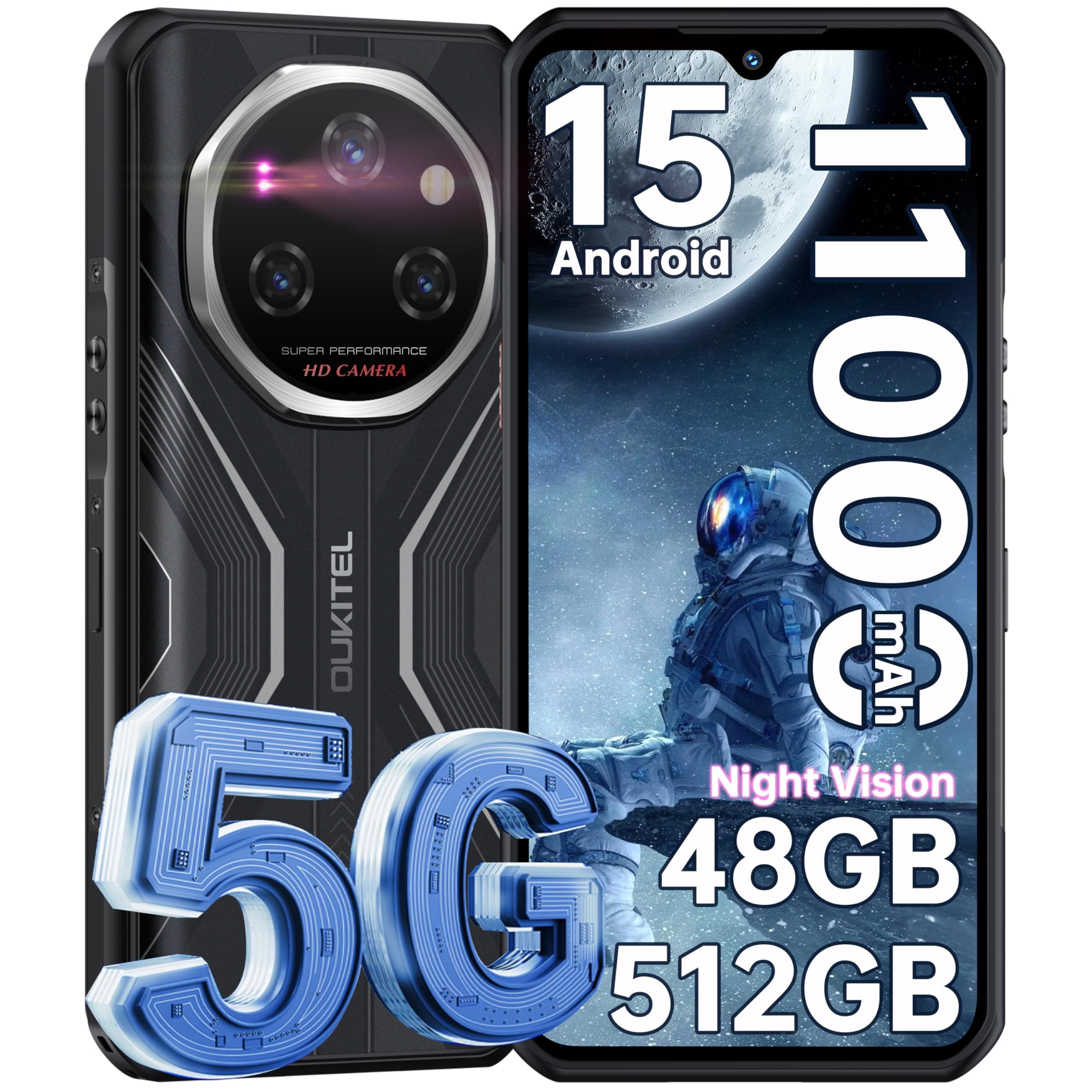 OUKITEL WP55 Pro Rugged Smartphone 5G - Android15 Rugged phone, 48GB RAM+512GB ROM+2TB,108MP Camera,11000mAh Battery,120Hz + 6.6" Night Vision Sim-free&Unlocked Mobile Phones,NFC,OTG,GPS,2025(Black)