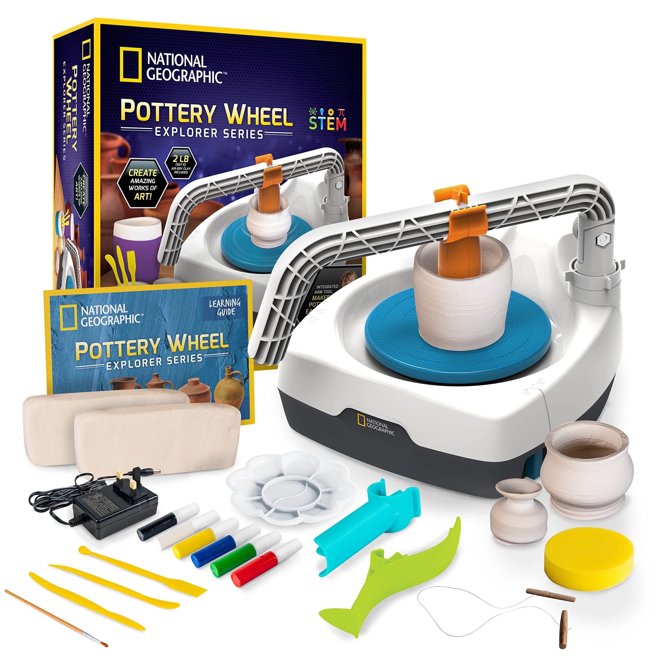 NATIONAL GEOGRAPHIC Kid’s Pottery Wheel (UK Version) - Complete Pottery Kit for Kids, Plug-in Motor, 907 g Air Dry Clay, Sculpting Clay Tools, Apron & More, Patent Pending, Amazon Exclusive Craft Kit