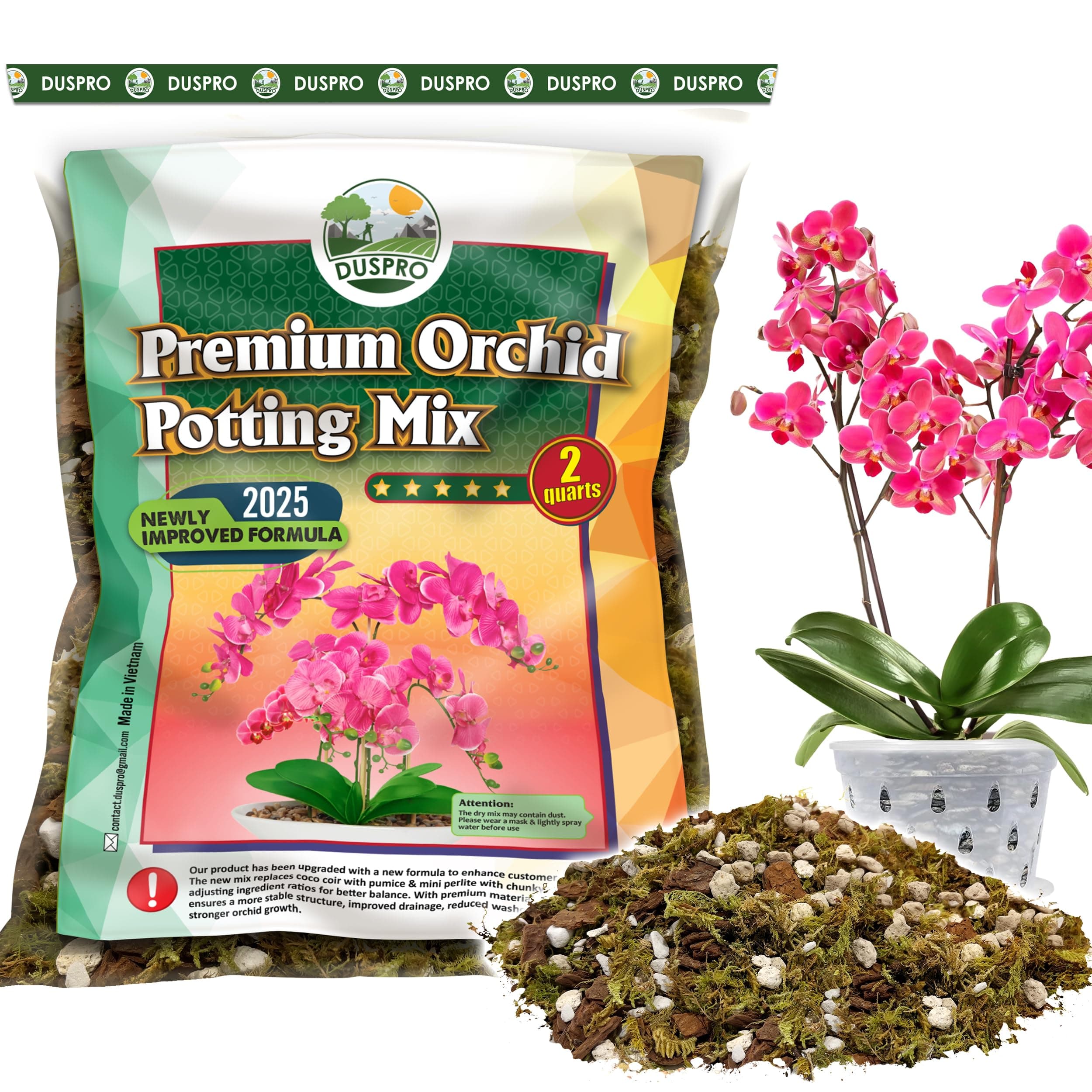 [Upgraded] DUSPRO Orchid Potting Mix for Repotting with Forest Moss, Pine Bark, Perlite & Pumice Natural Ingredients, Orchid Bark Potting Mix, Orchid Repotting Kit Drainage Indoor Potting Medium 2QT