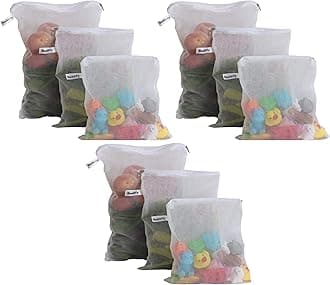 Set Of 9 Reusable Fridge Storage Bags For Vegetables and Fruits Dual Layer Mesh Net Multipurpose Multi-Size Kitchen Storage Bags Organizer with Sturdy Zipper (White)