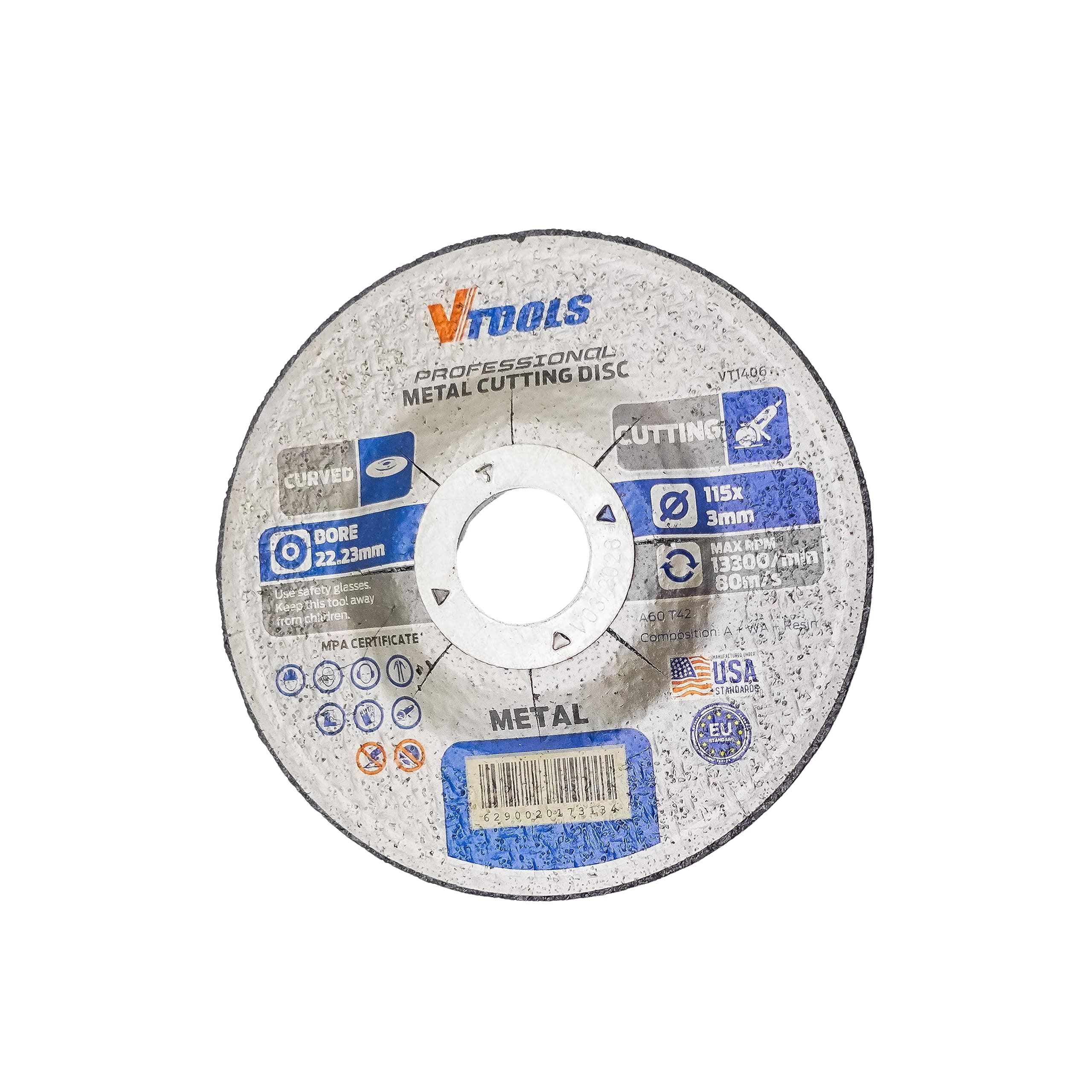 VTOOLS 115 mm x 3mm Curved Disc for Metal Cutting, 4.5 Inch Metal Cutting Wheel for Angle Grinder, VT1406, Grey