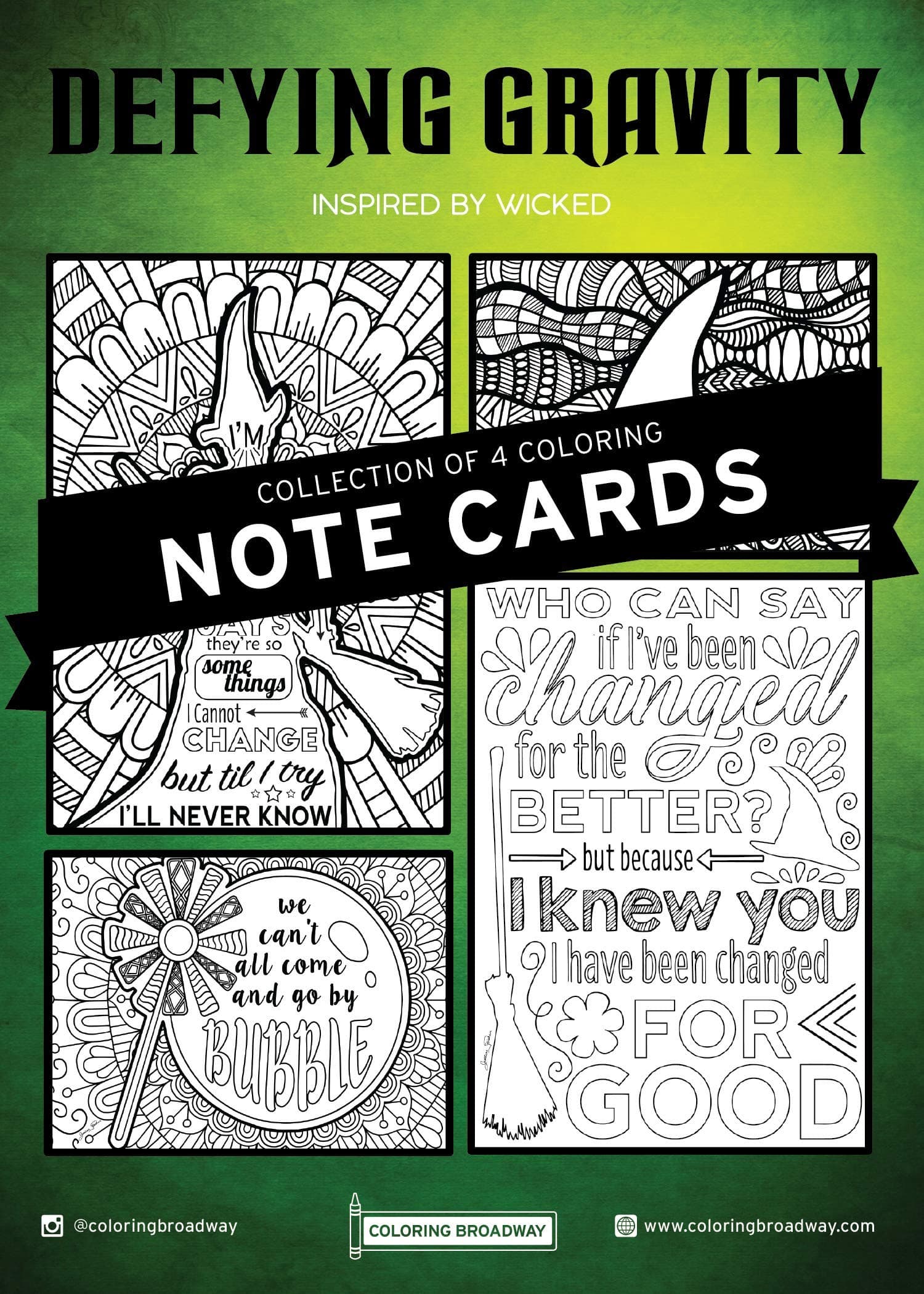 Coloring BroadwayColoring Broadway - Wicked Inspired Coloring Notecards with Envelopes (Set of 4), Defying Gravity Musical Theater Merchandise, Matte Card Stock (5” x 7”), Ideal Gift for a Broadway Theater Lover